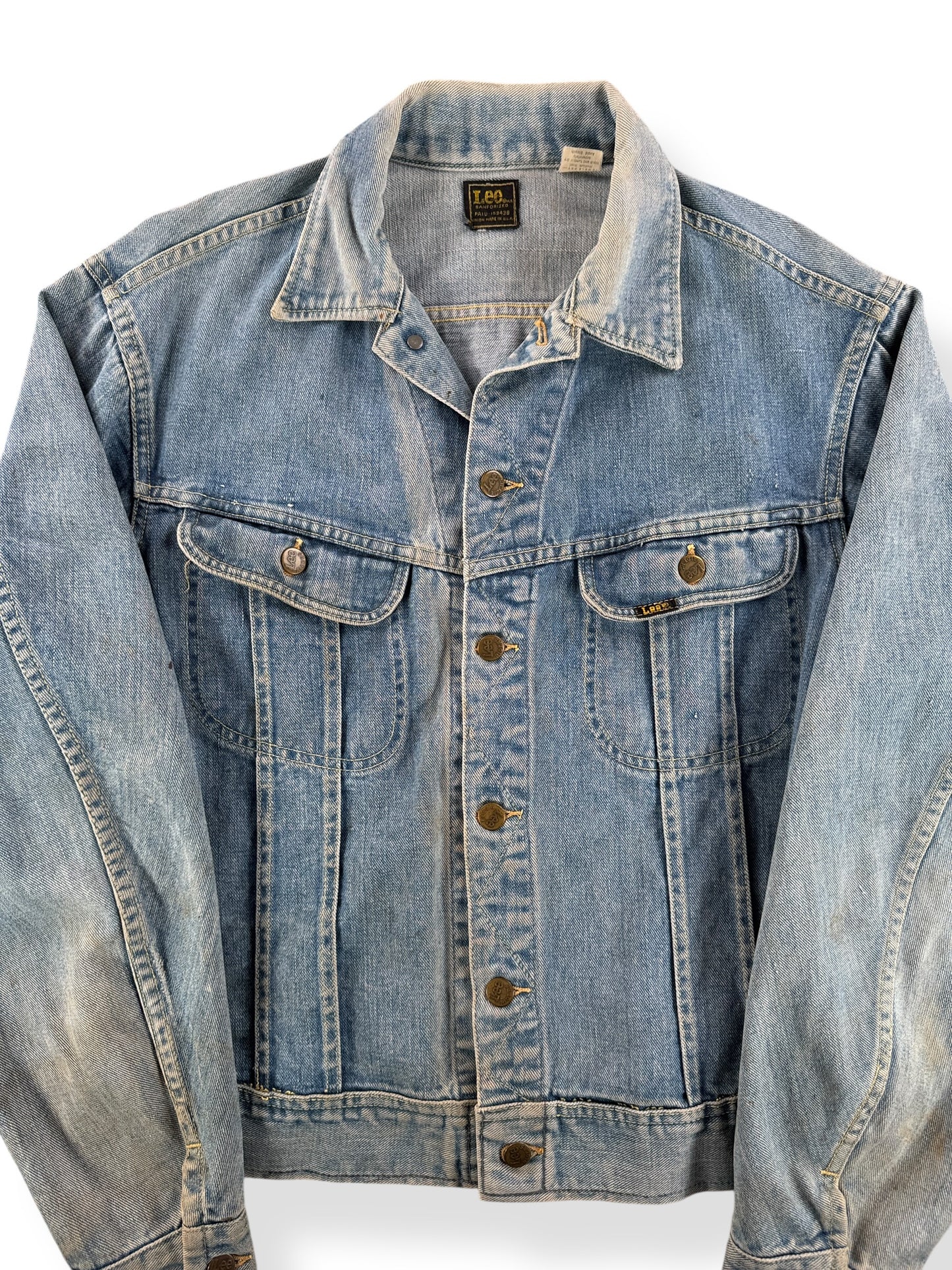 Front Close Up of Vintage Lee Union Made 101J Denim Trucker Jacket SZ L