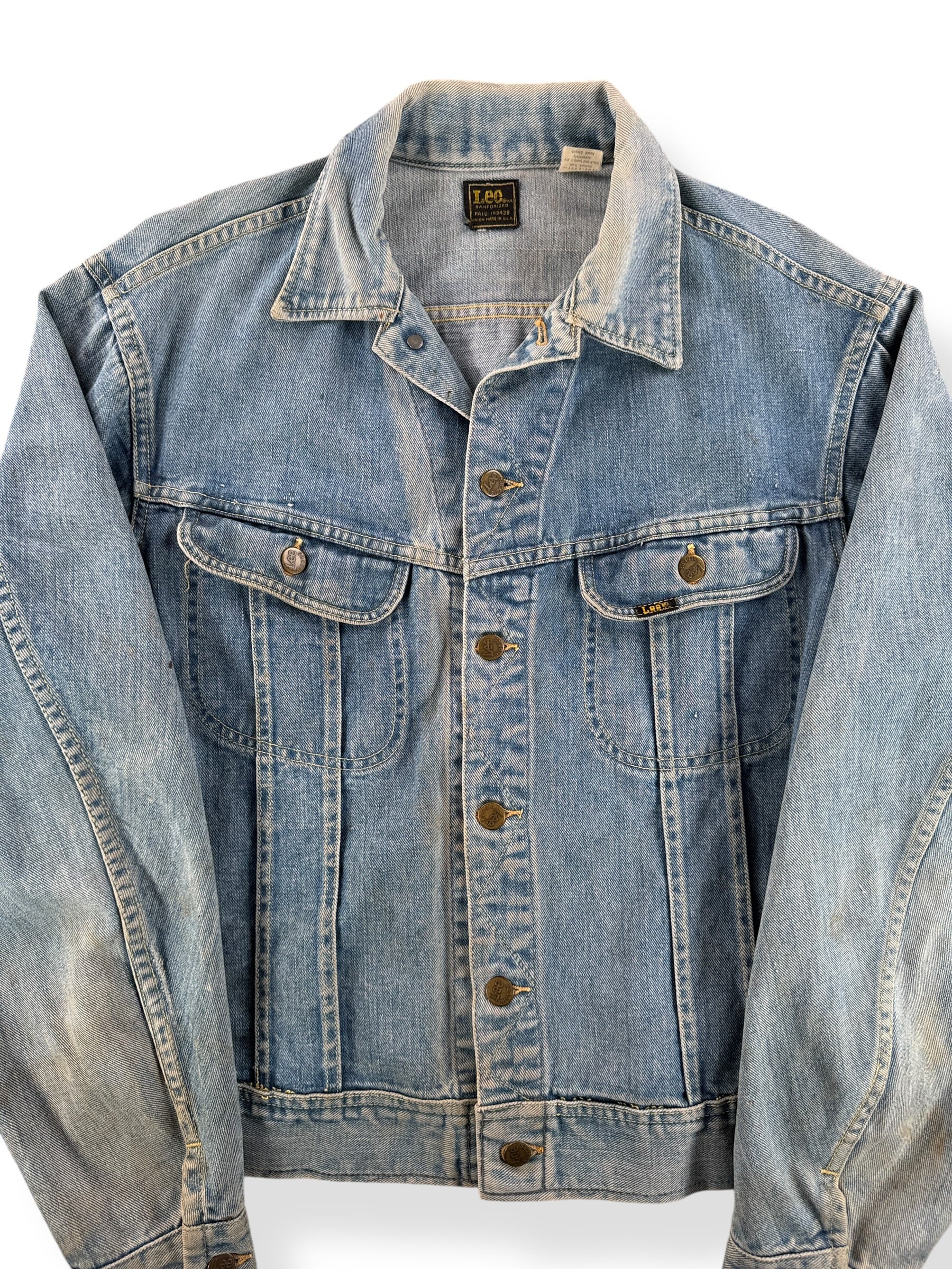 Front Close Up of Vintage Lee Union Made 101J Denim Trucker Jacket SZ L