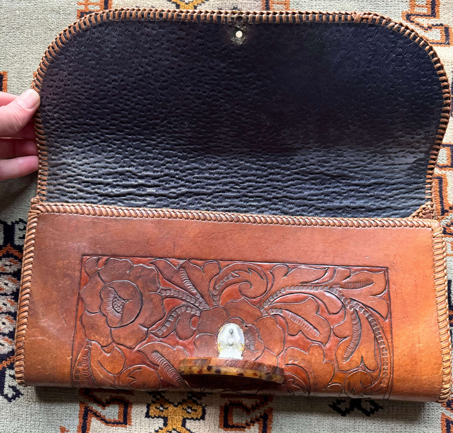 Open 1940s Tooled Leather Clutch with Bakelite/Wood Clasp