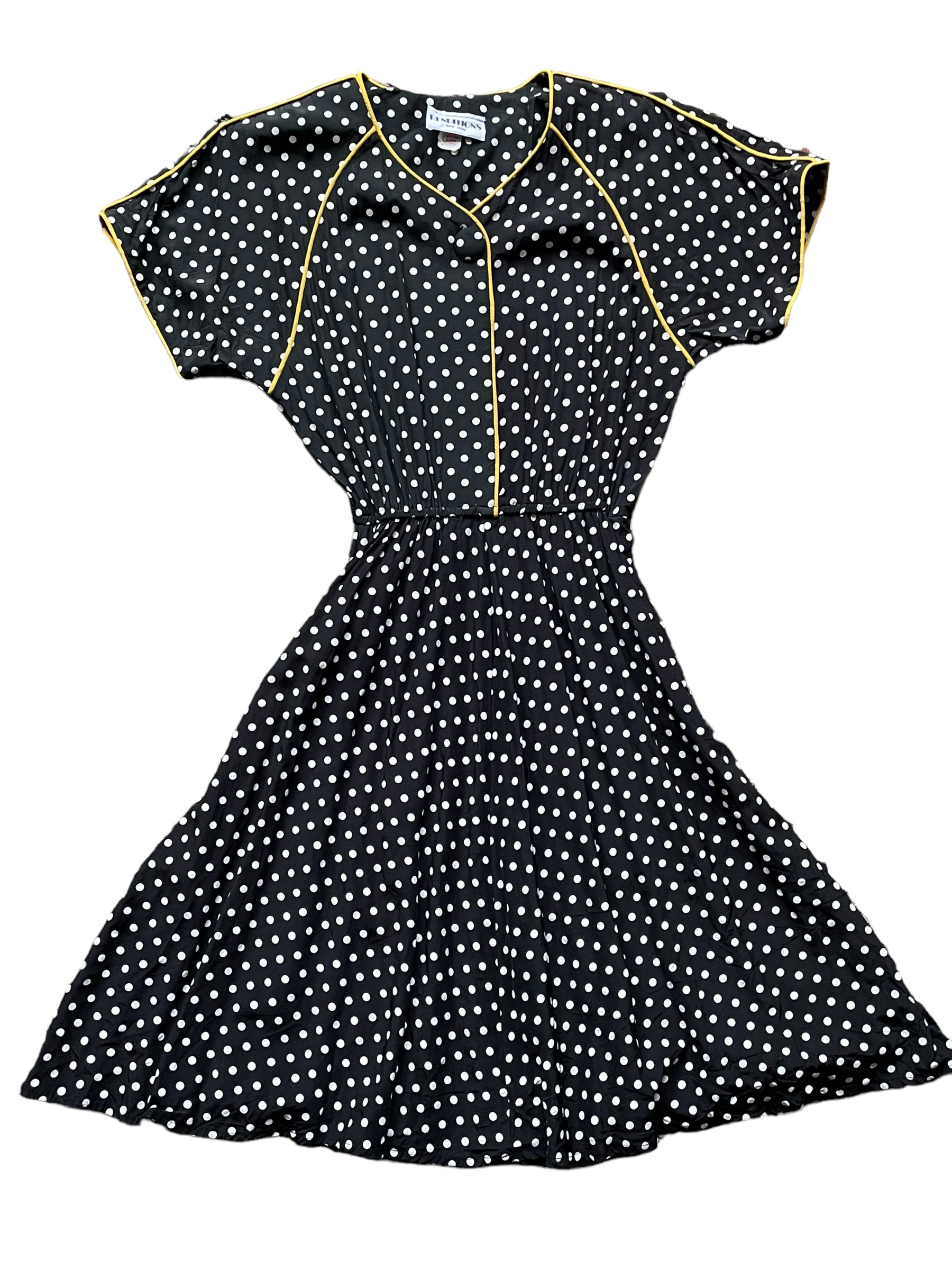 Full front view of Vintage 80s Does 40s Polka Dot Dress SZ M-L |  Barn Owl Vintage Dresses| Seattle Vintage Ladies Clothing
