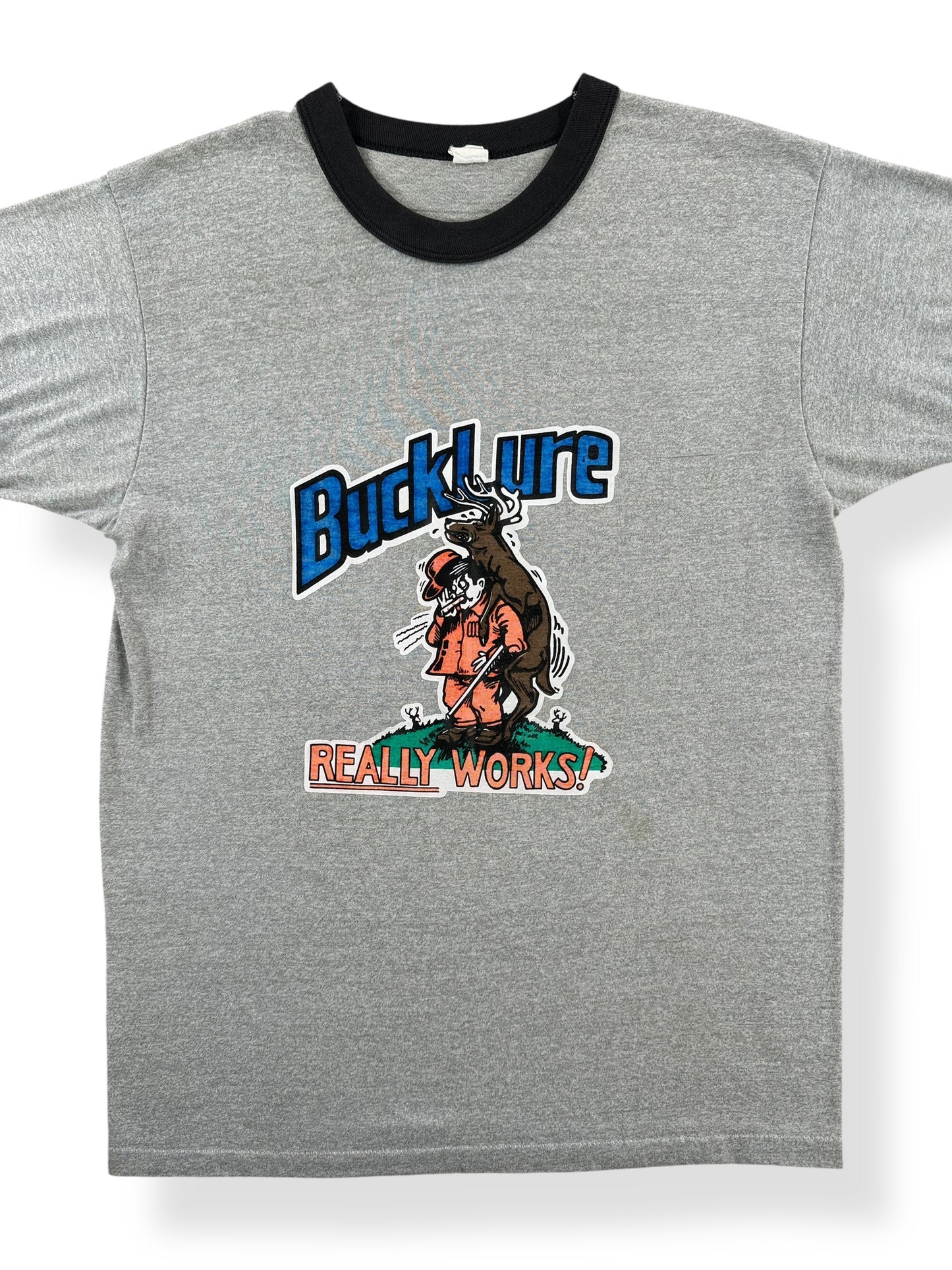 Front Close Up of Vintage Bucklure Deer Call Ringer Tee SZ M