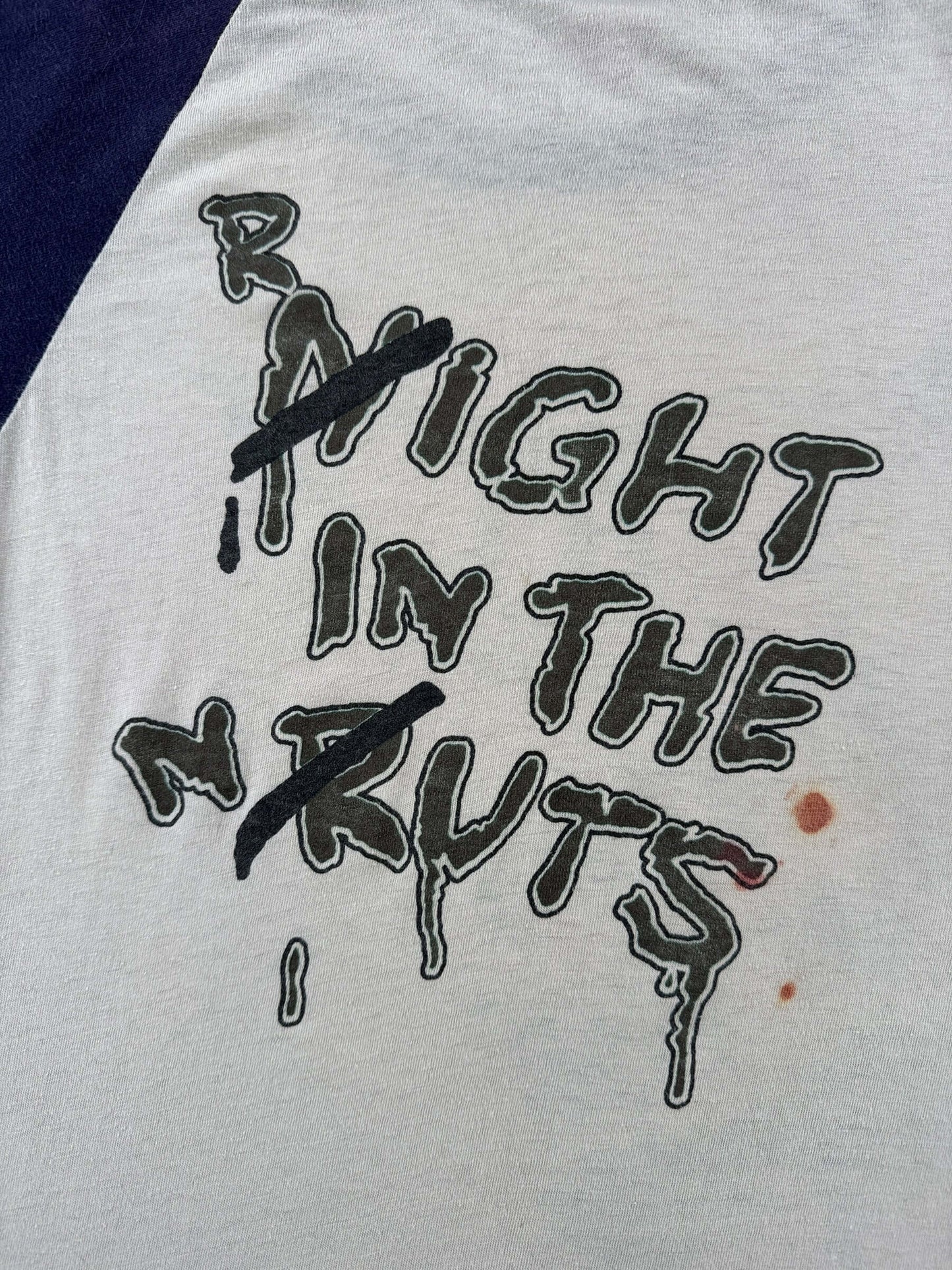 Back Graphic of Vintage Aerosmith Right in the Nuts Raglan Tee SZ XL (Fits M)