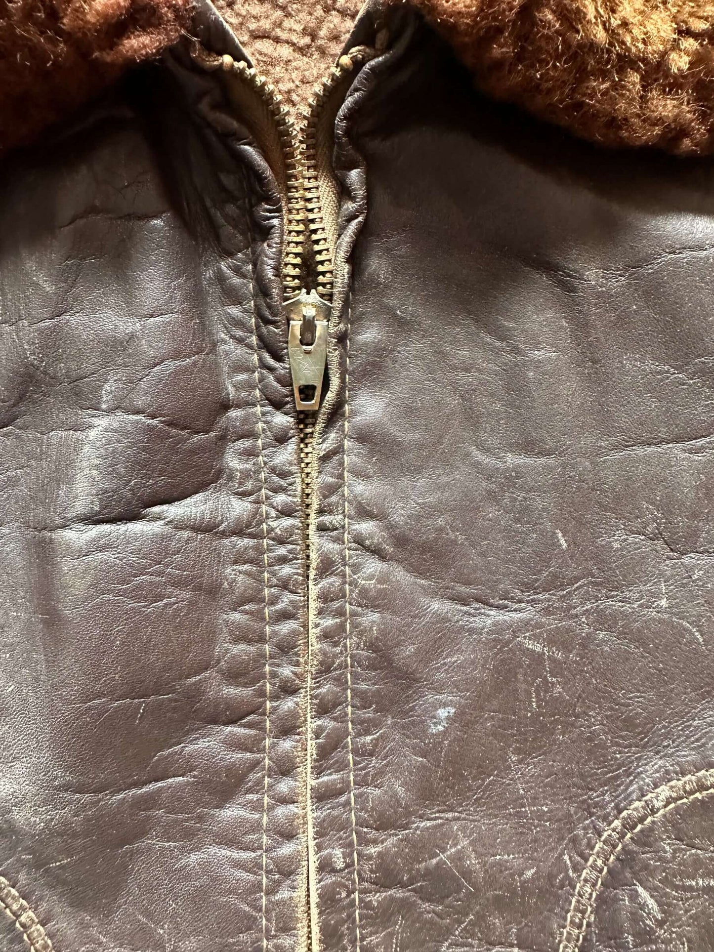 Zipper Pull on Vintage Brent Shearling Leather Jacket SZ M | Vintage Clothing Seattle