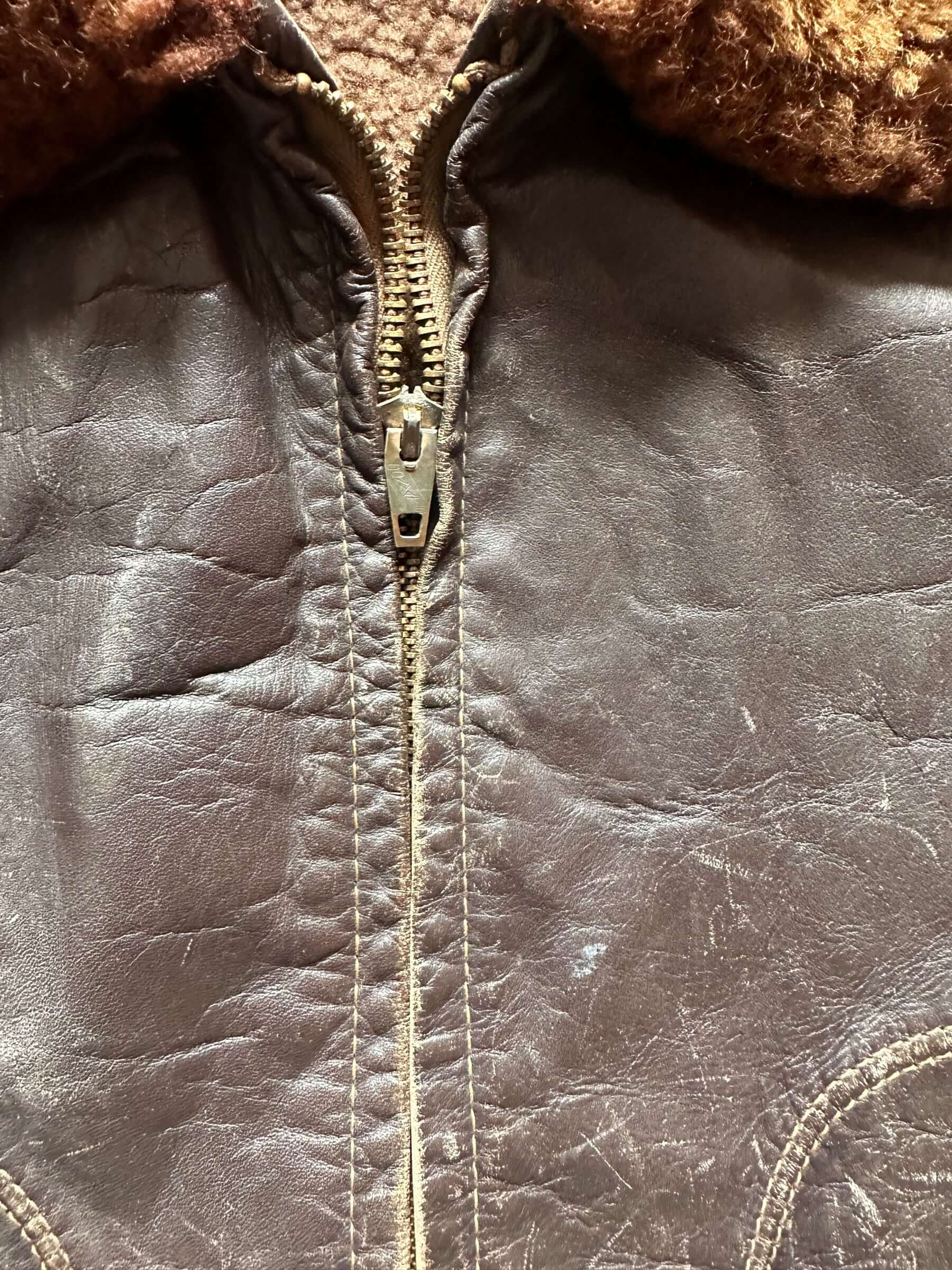 Zipper Pull on Vintage Brent Shearling Leather Jacket SZ M | Vintage Clothing Seattle