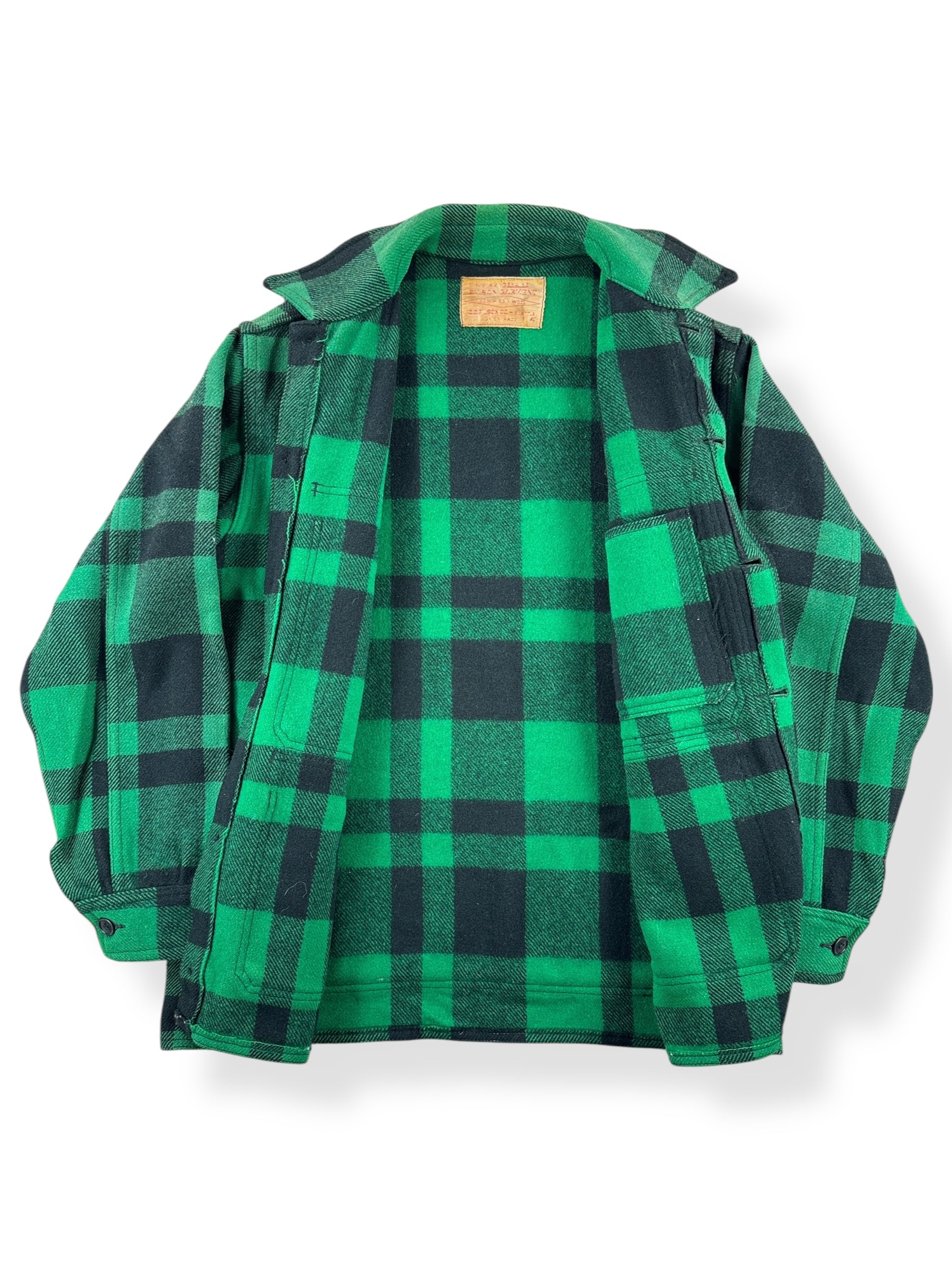 Inside of Vintage 60s Filson Green and Black Mackinaw Cruiser SZ L