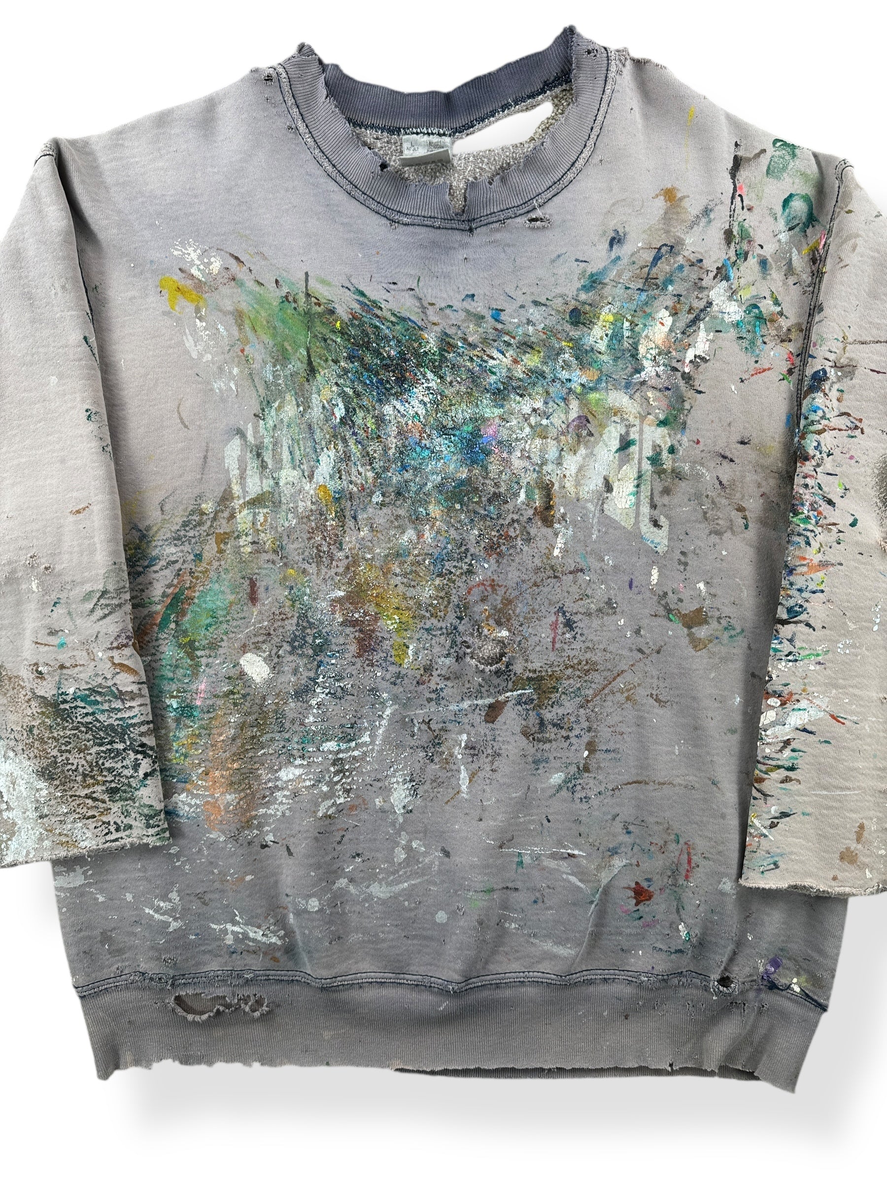 Front Close Up of Vintage Thrashed, Faded, and Splattered Crewneck SZ L