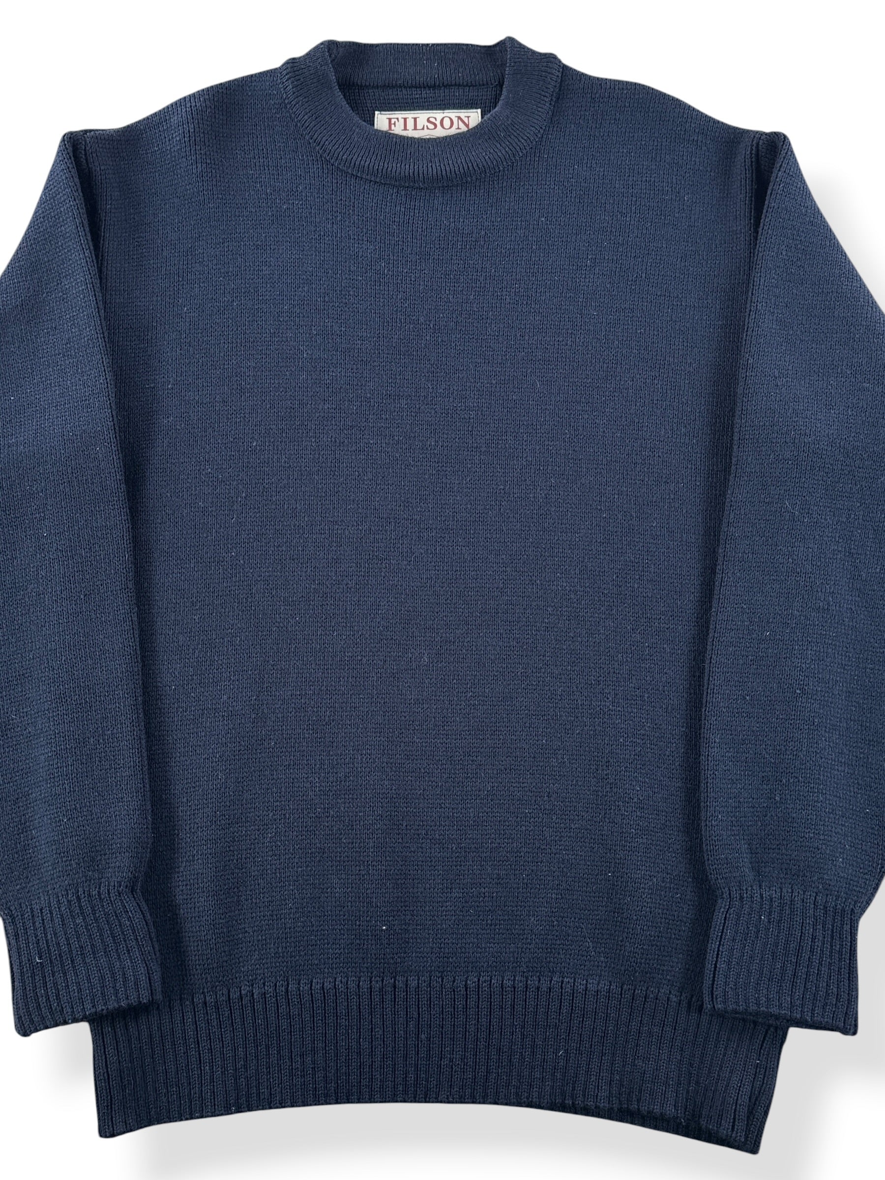Front Close Up of Filson Dark Navy Crewneck Guide Sweater SZ L