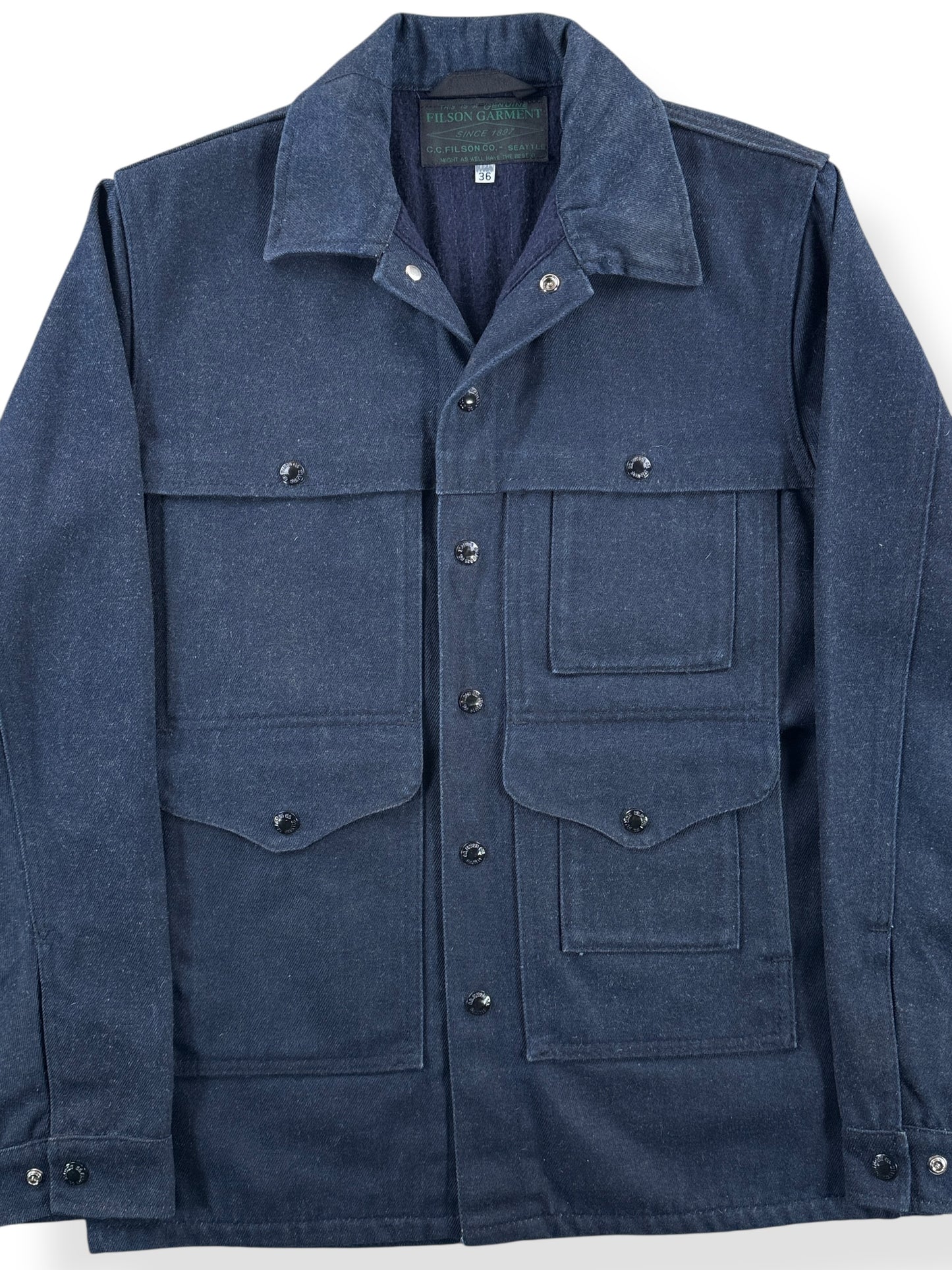 Front Close Up of Filson X Tellason Waxed Denim Cruiser Jacket SZ 36