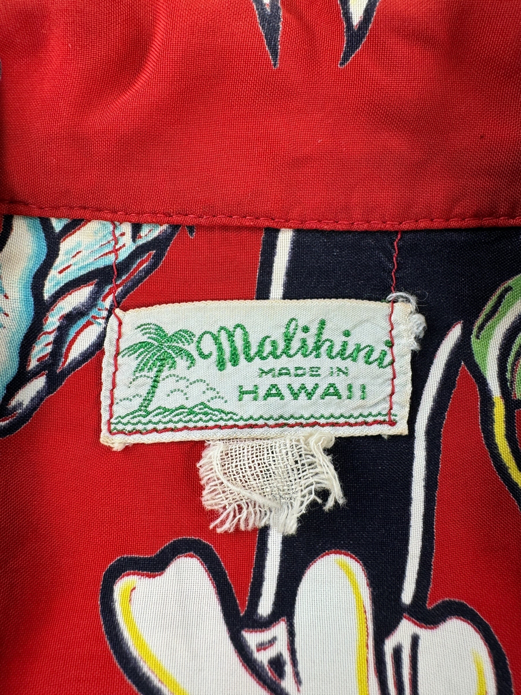 Tag on Vintage Malihini Rayon Aloha Shirt SZ M