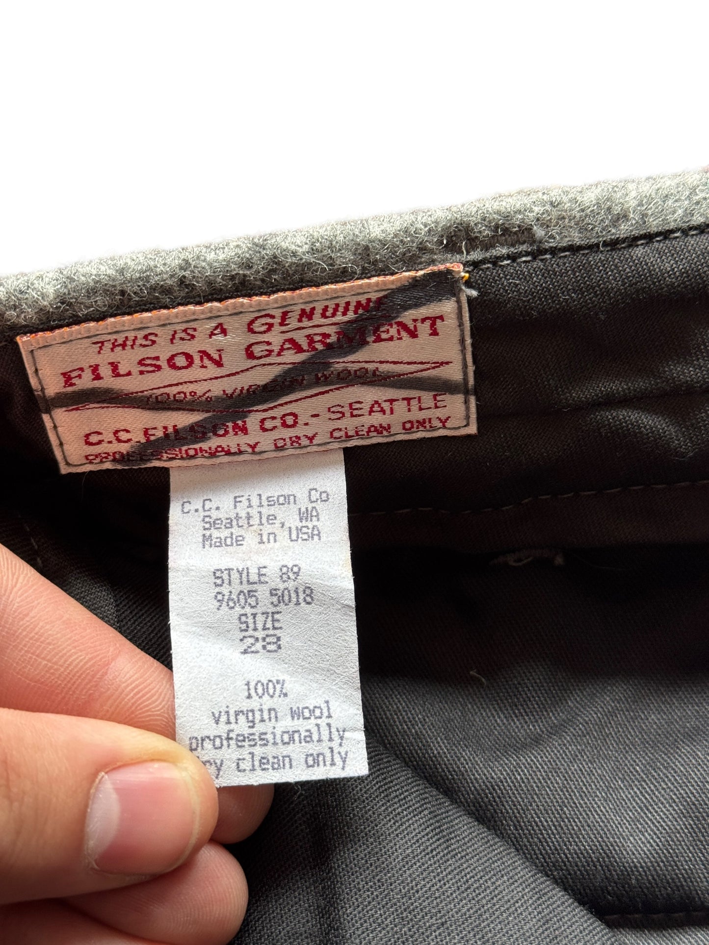 Tags on Filson Grey Wool Pants SZ 28