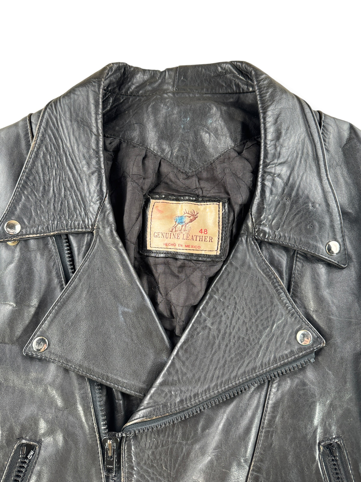 Collar on Vintage Made in Mexico Leather Biker Jacket SZ 48