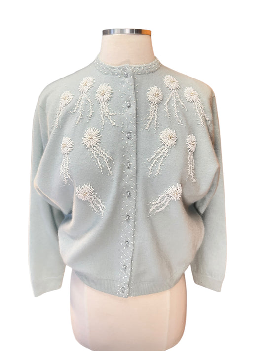 Front view of 1950s Pale Blue Beaded Angora/Lamb's Wool Cardigan M