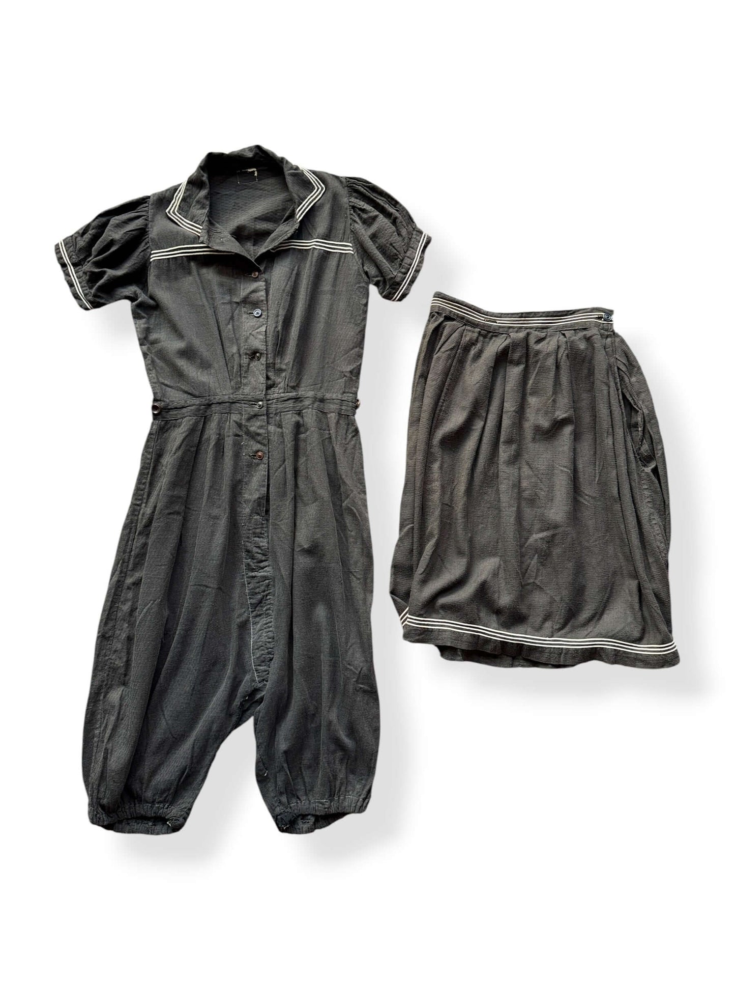 Front of Set of Antique Cotton Swimsuit Romper + Skirt Set SZ S