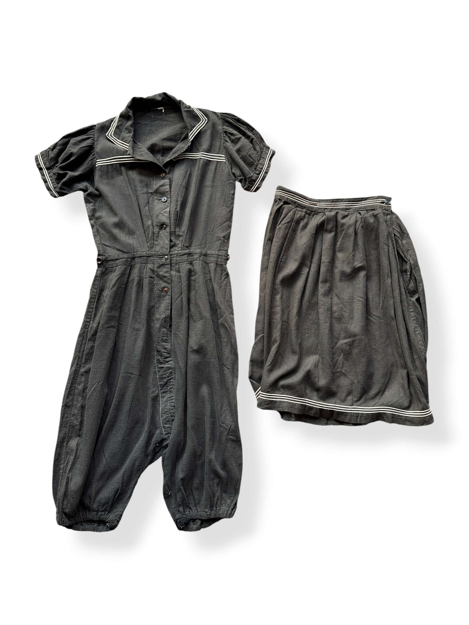 Front of Set of Antique Cotton Swimsuit Romper + Skirt Set SZ S