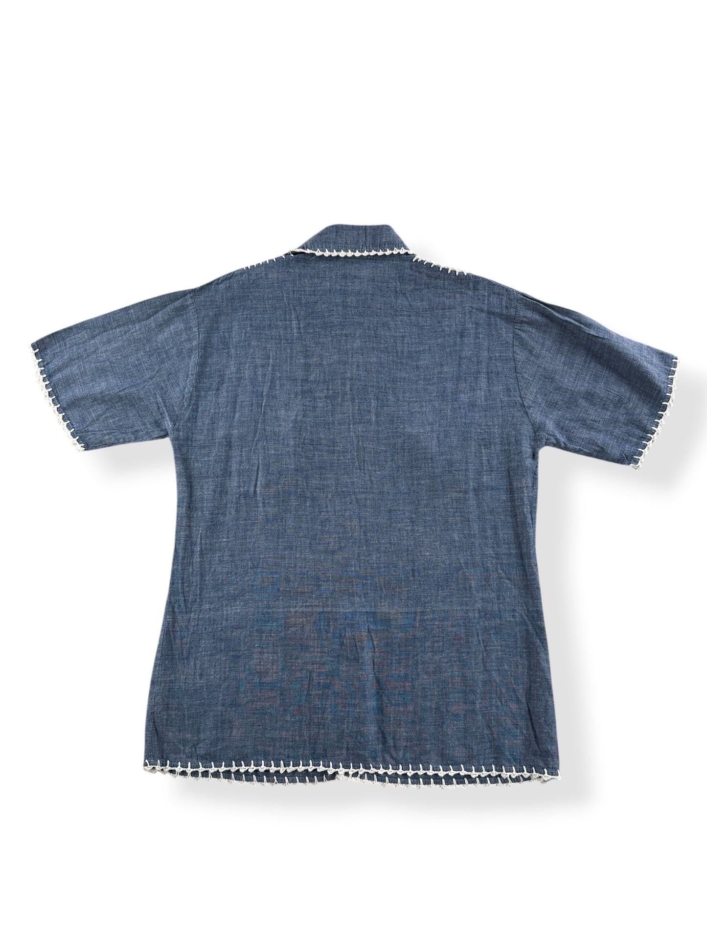 Back of Vintage 70s Chambray Crocheted Shirt SZ S