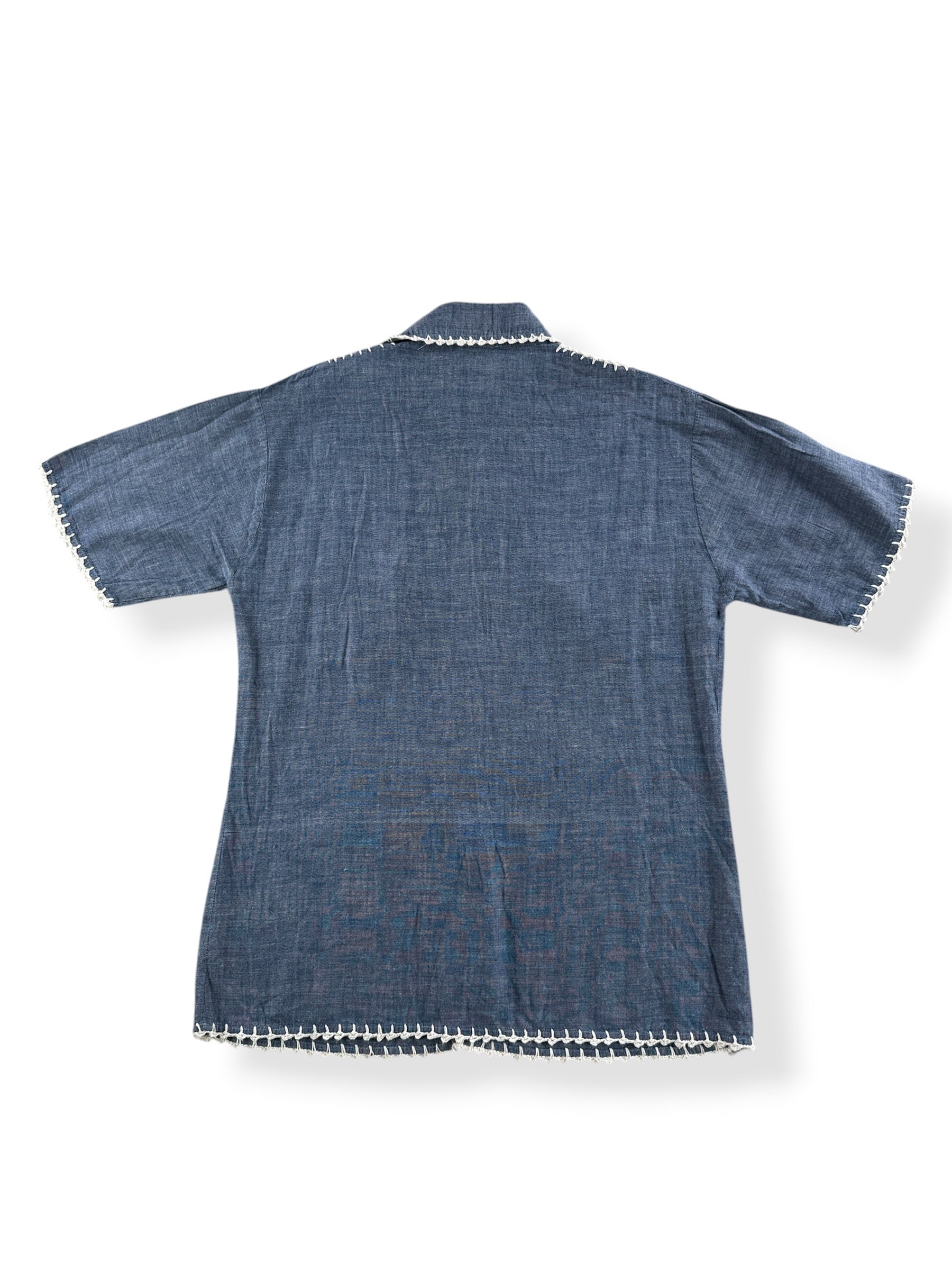 Back of Vintage 70s Chambray Crocheted Shirt SZ S