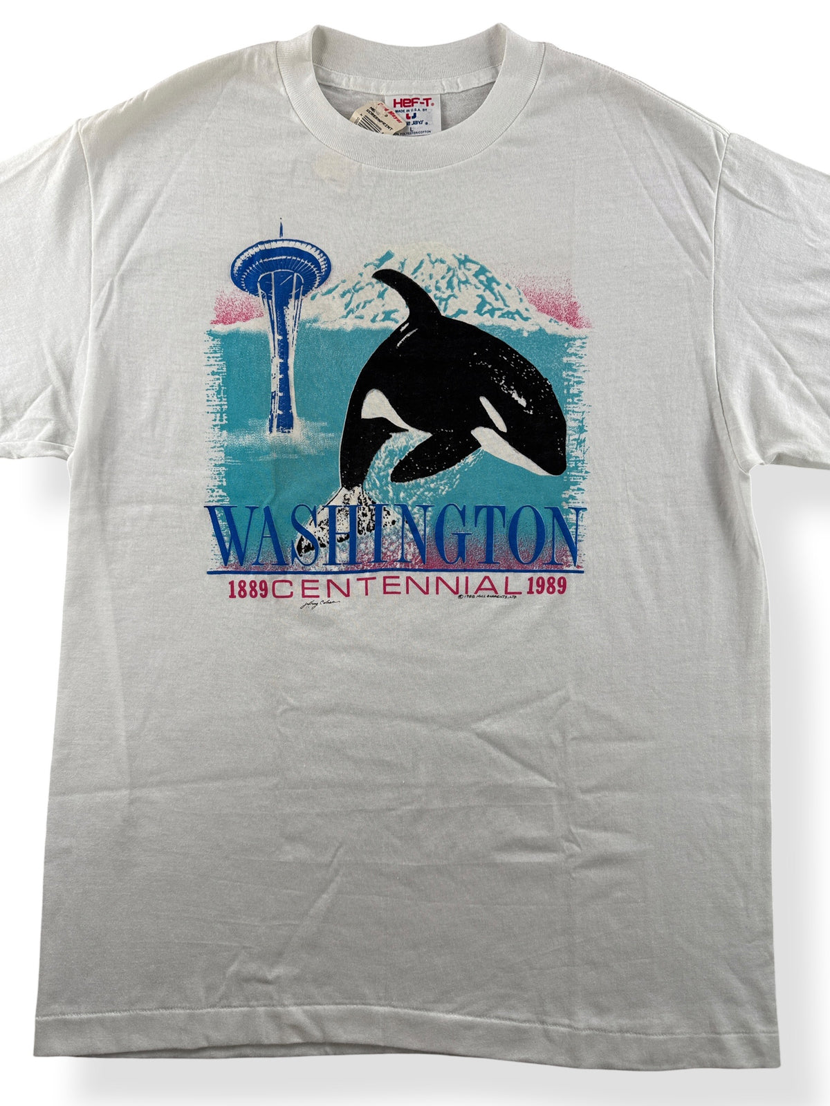 Front Close Up of Vintage NOS Seattle Orca Puff Print Tee SZ L