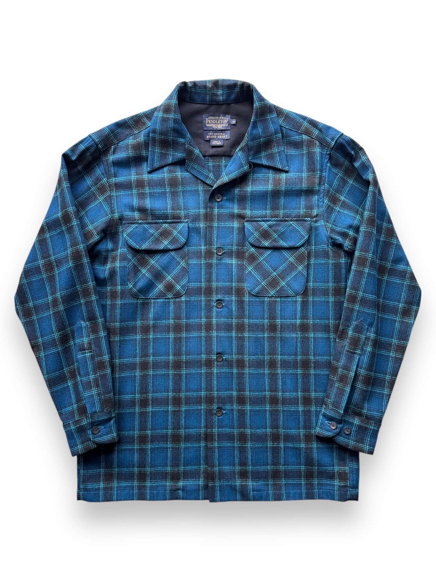 Front of Pendleton Blue Plaid Board Shirt SZ M