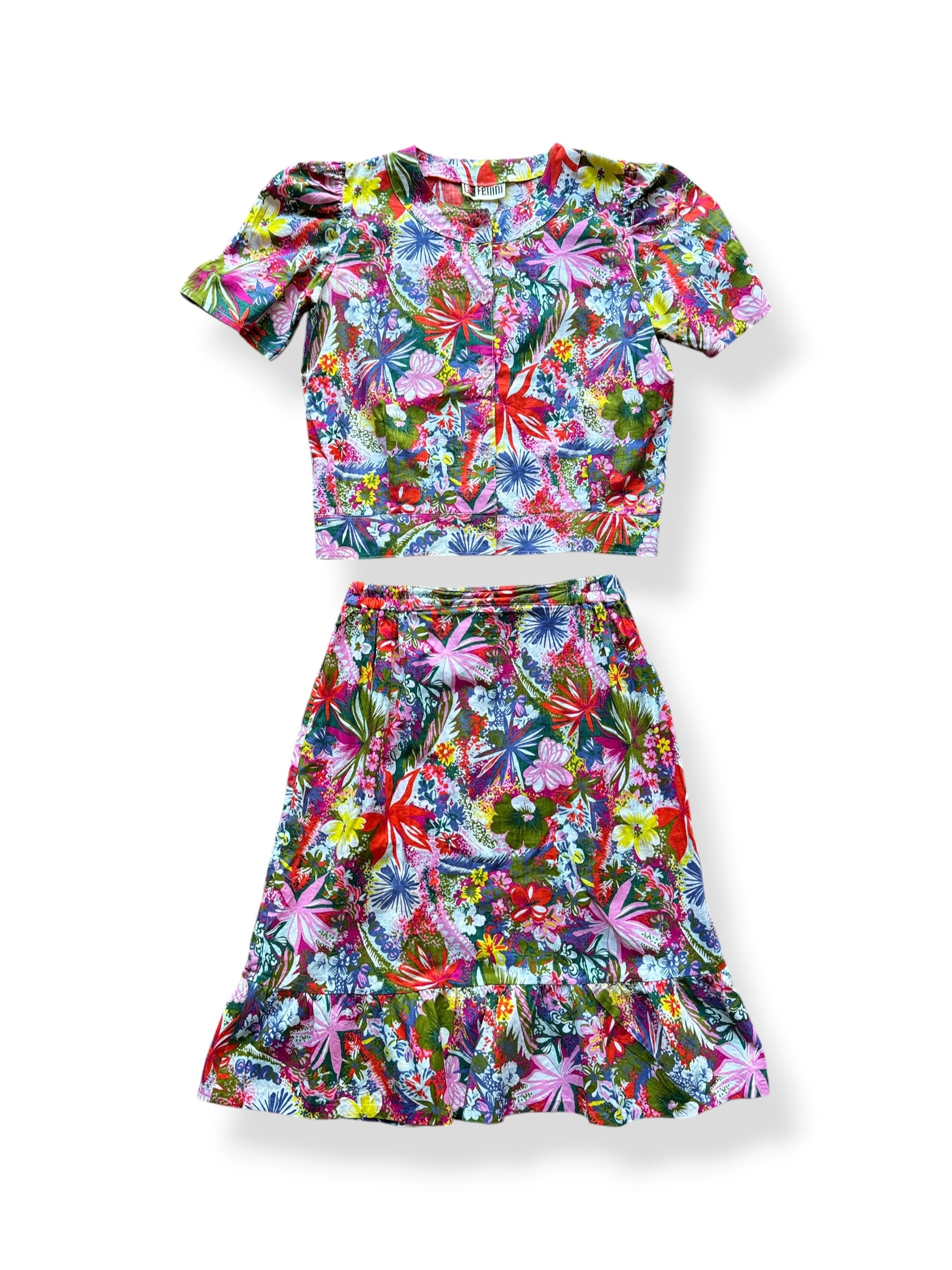 Front of Vintage Fellini Floral Blouse And Skirt Set SZ S