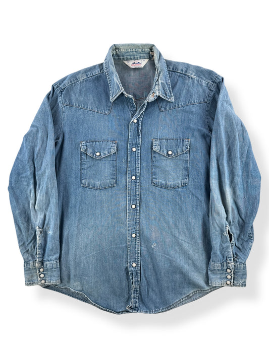 Front of Vintage Distressed Dakota Denim Pearl Snap Top SZ XL