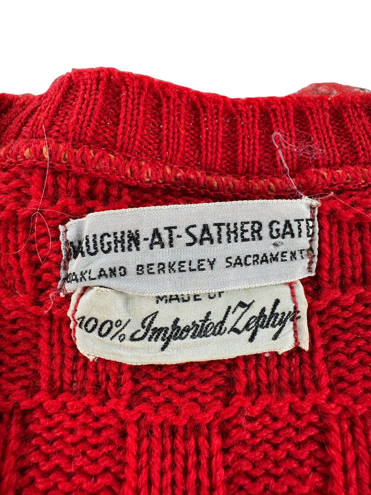 Label on Vintage Red Knit Vaughn-At-Sather Gate Sweater SZ XS