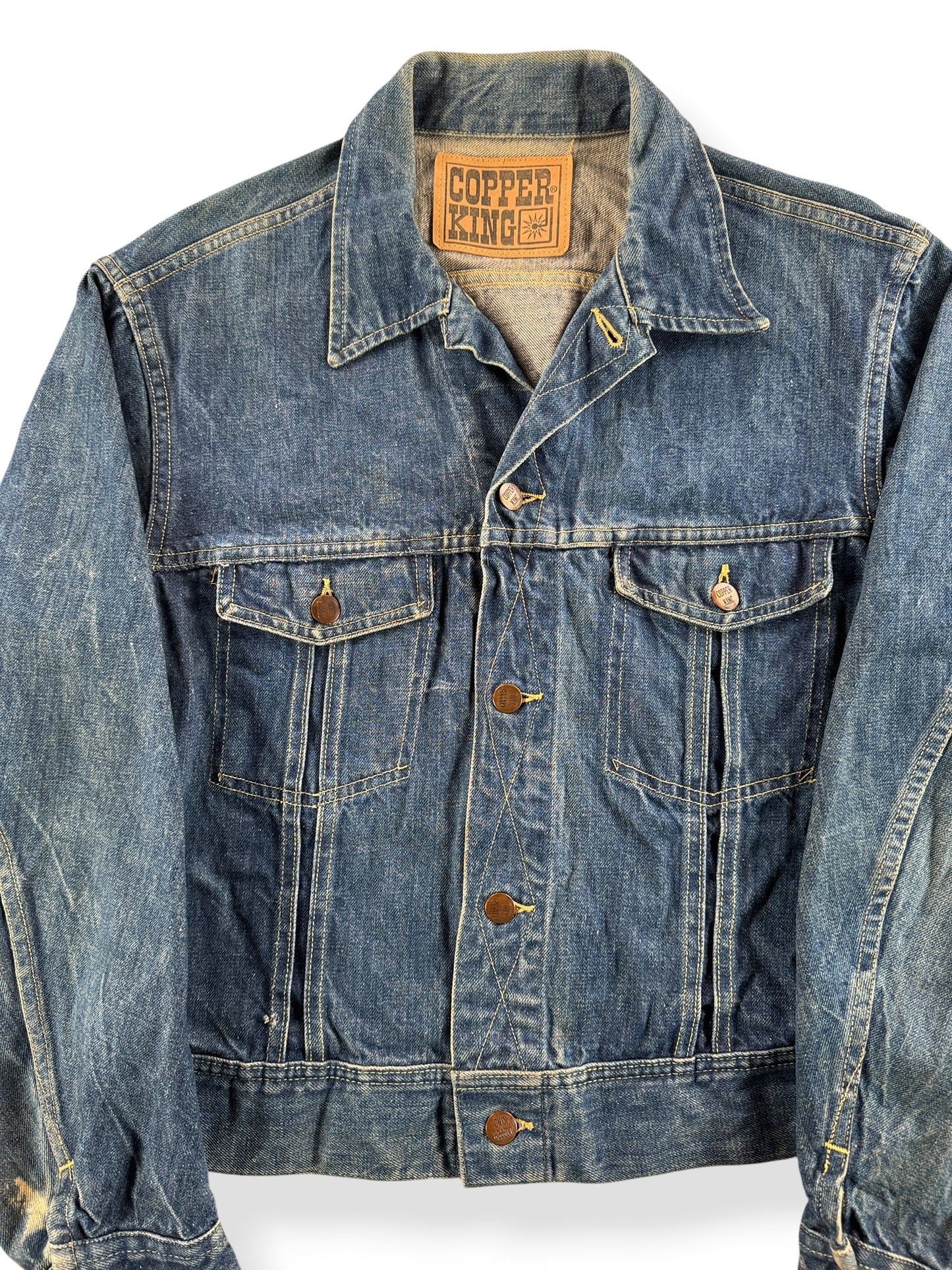Front Close Up of Vintage Copper King Denim Trucker Jacket SZ M