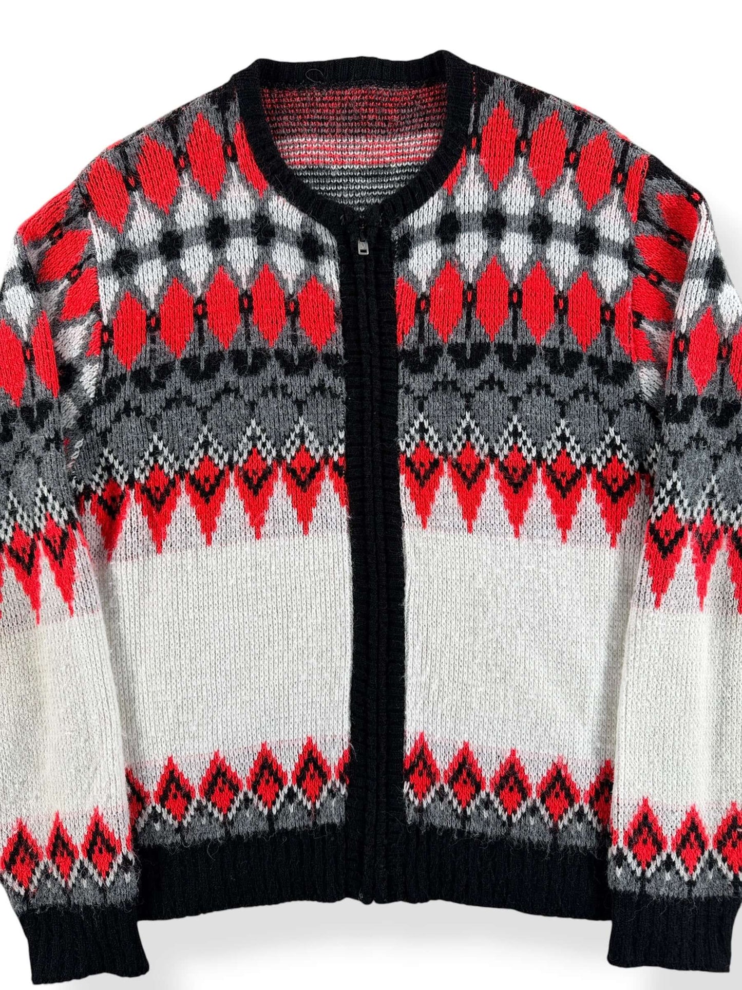 Front Close Up of Vintage 60s Black + Red Zip Up Sweater SZ M