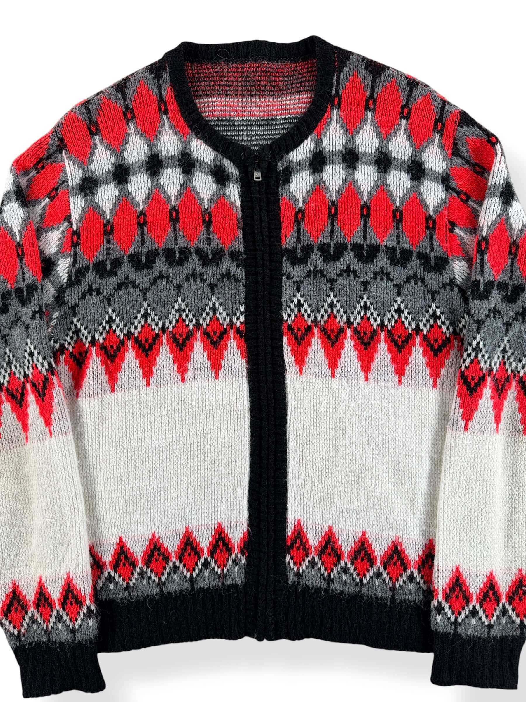 Front Close Up of Vintage 60s Black + Red Zip Up Sweater SZ M
