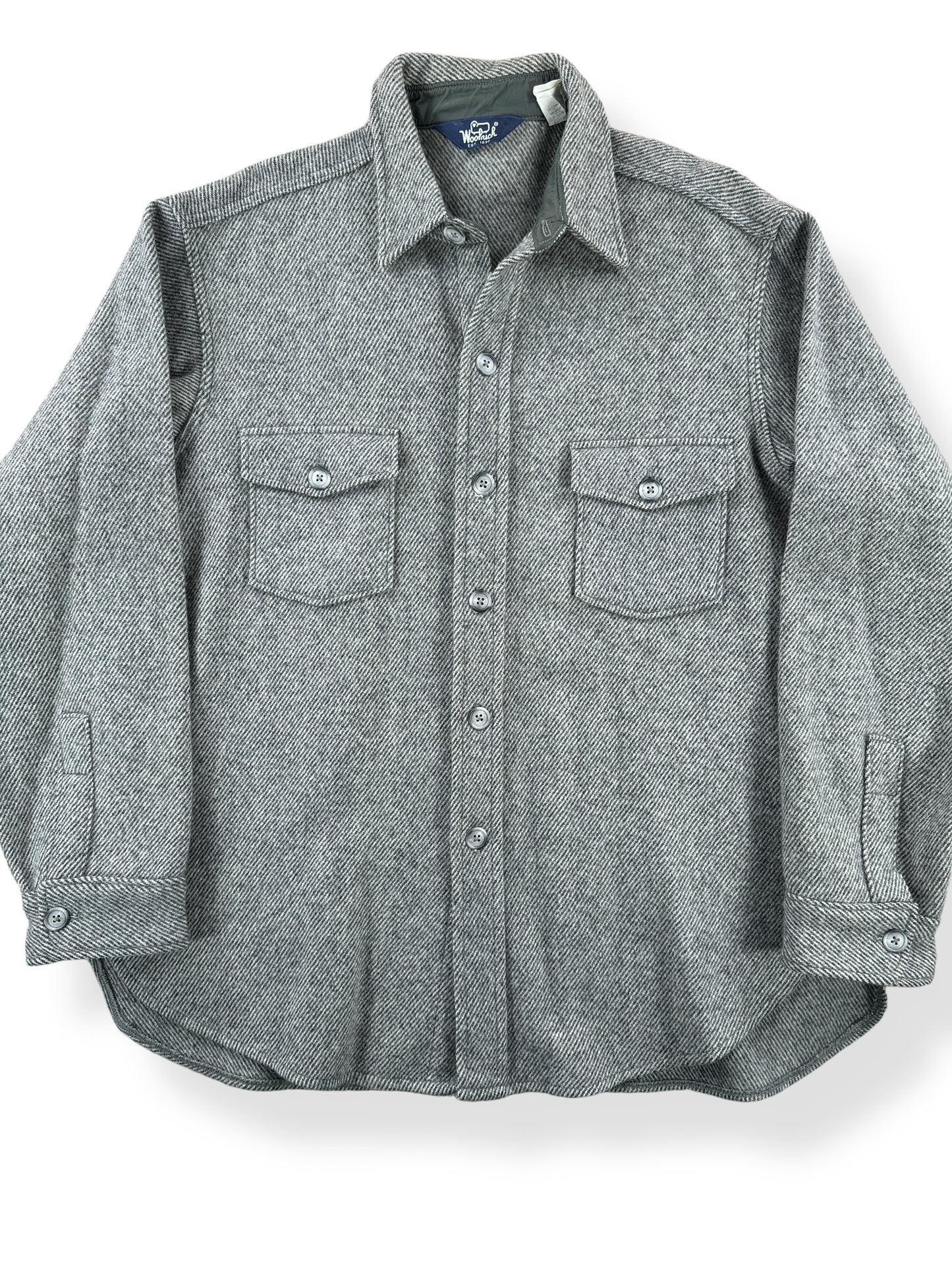 Front Close Up of Vintage Woolrich Wool Herringbone Jacket SZ XL