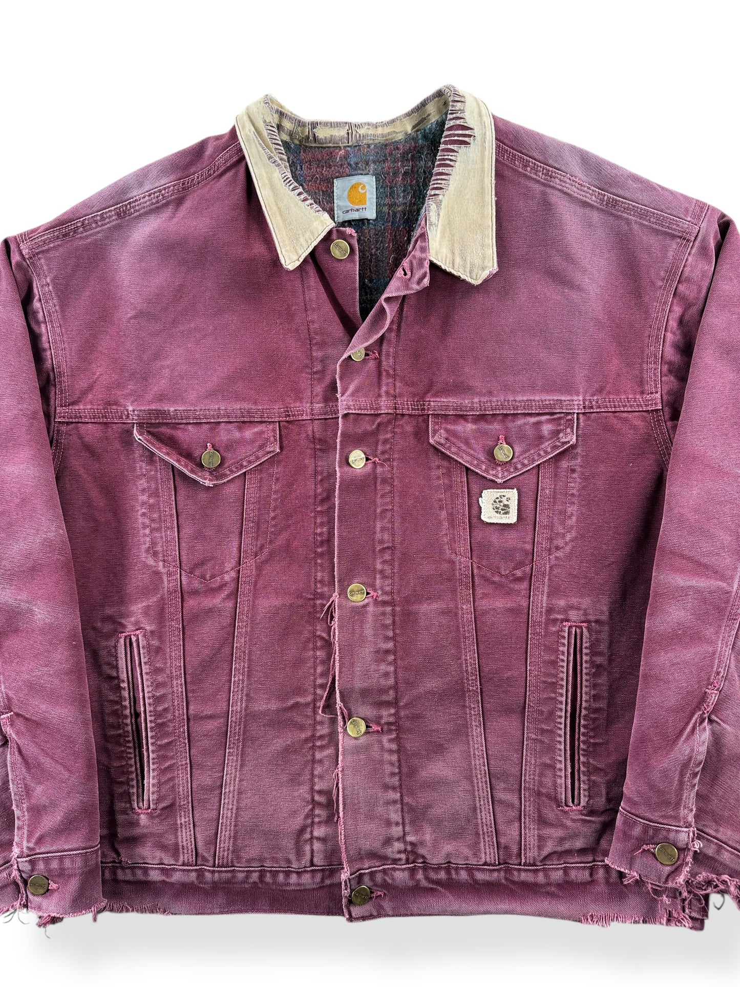 Front Close Up of Vintage Distressed Wine Color Carhartt Trucker Jacket SZ XL