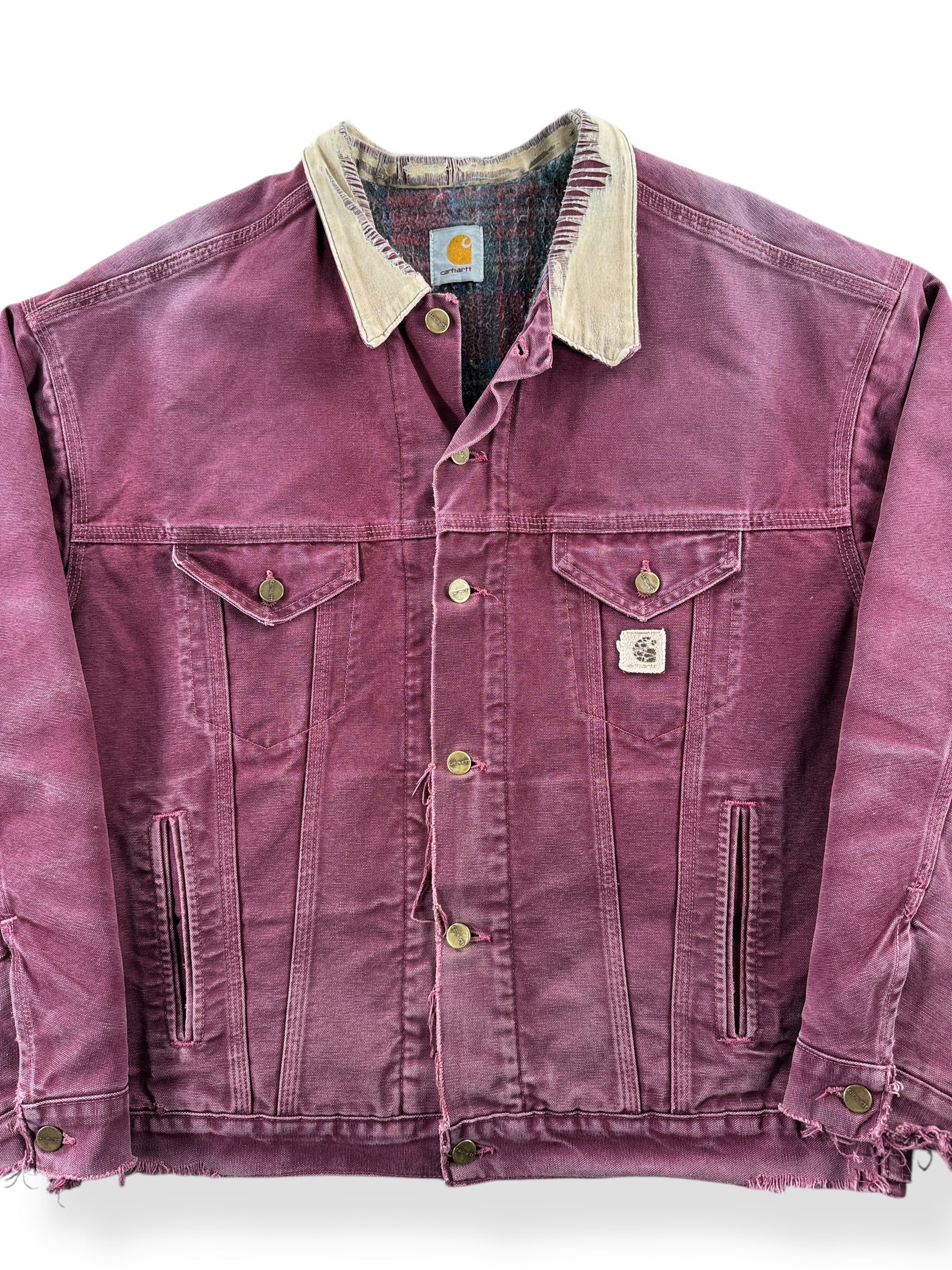 Front Close Up of Vintage Distressed Wine Color Carhartt Trucker Jacket SZ XL