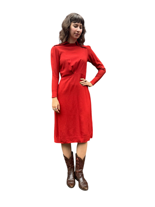 Front view of 1930s-40s Red Rayon Back button Dress S