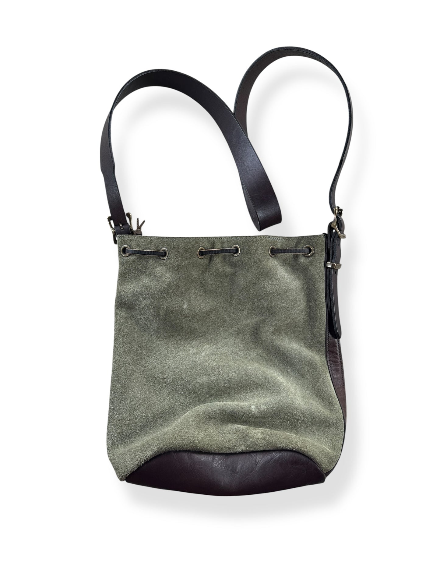 Back of Filson Green Suede Satchel Sample Bag