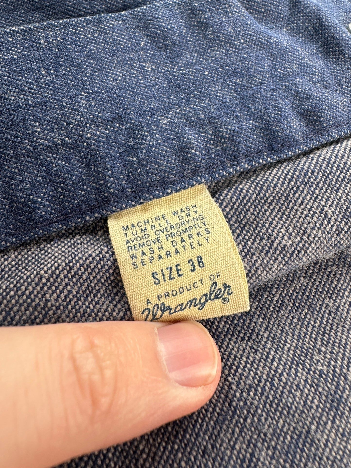Tag on Vintage Wrangler Unlined Denim Chore Cost SZ 38