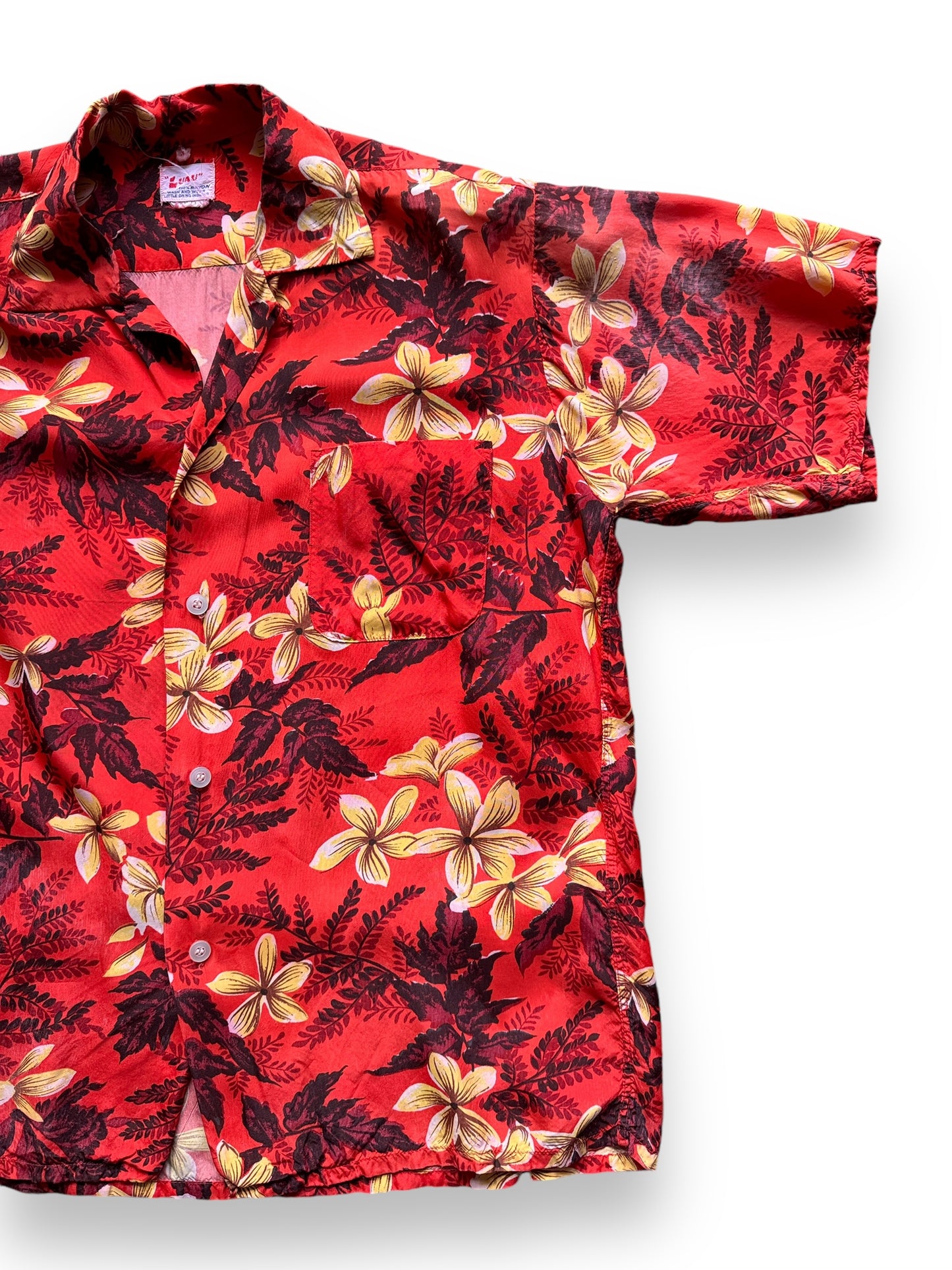 front left of Vintage Luau Red Floral Aloha Shirt SZ M-L