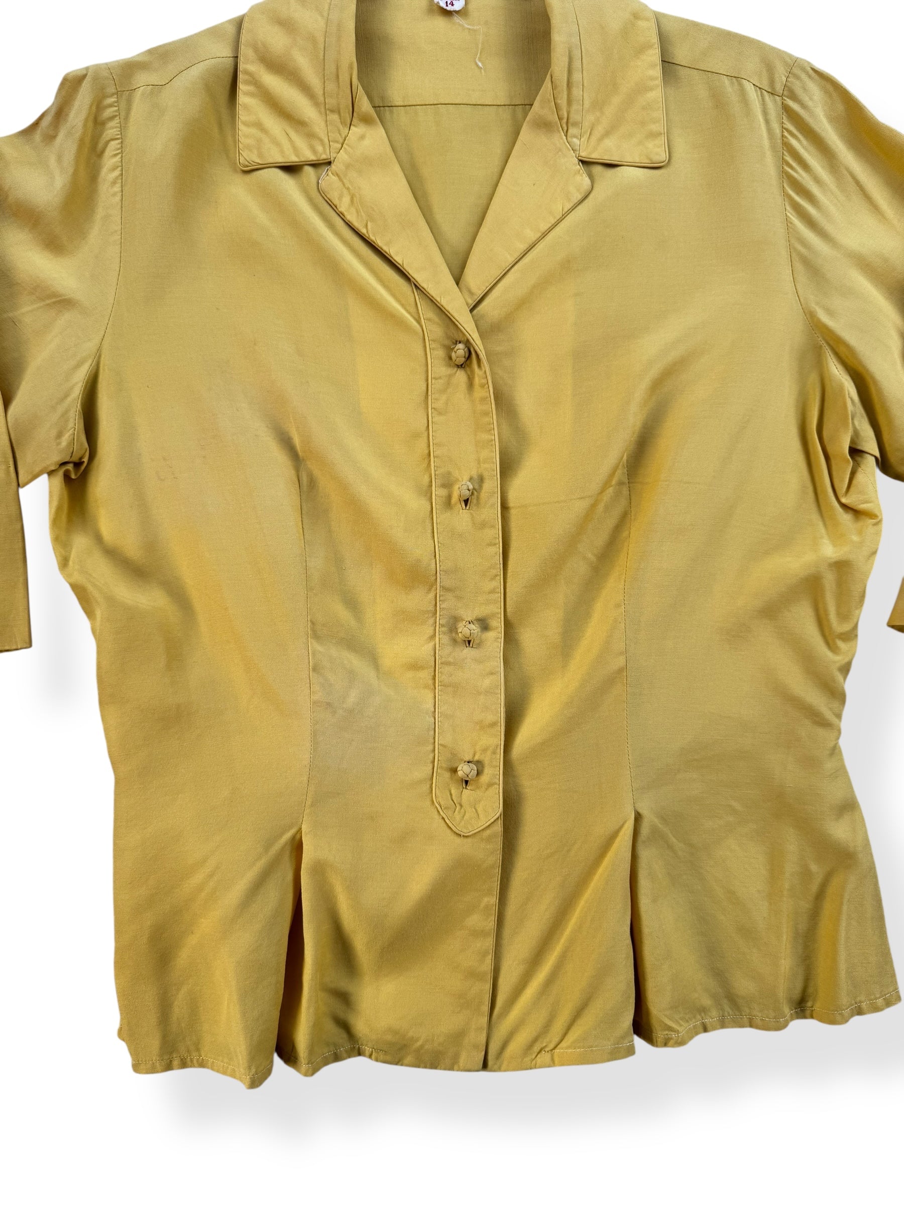 Front view of 1950s Yellow Dynasty Silk Top M