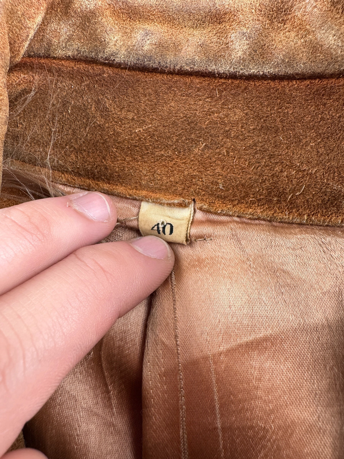 Size tag on Vintage Fringe Suede Jacket SZ 40
