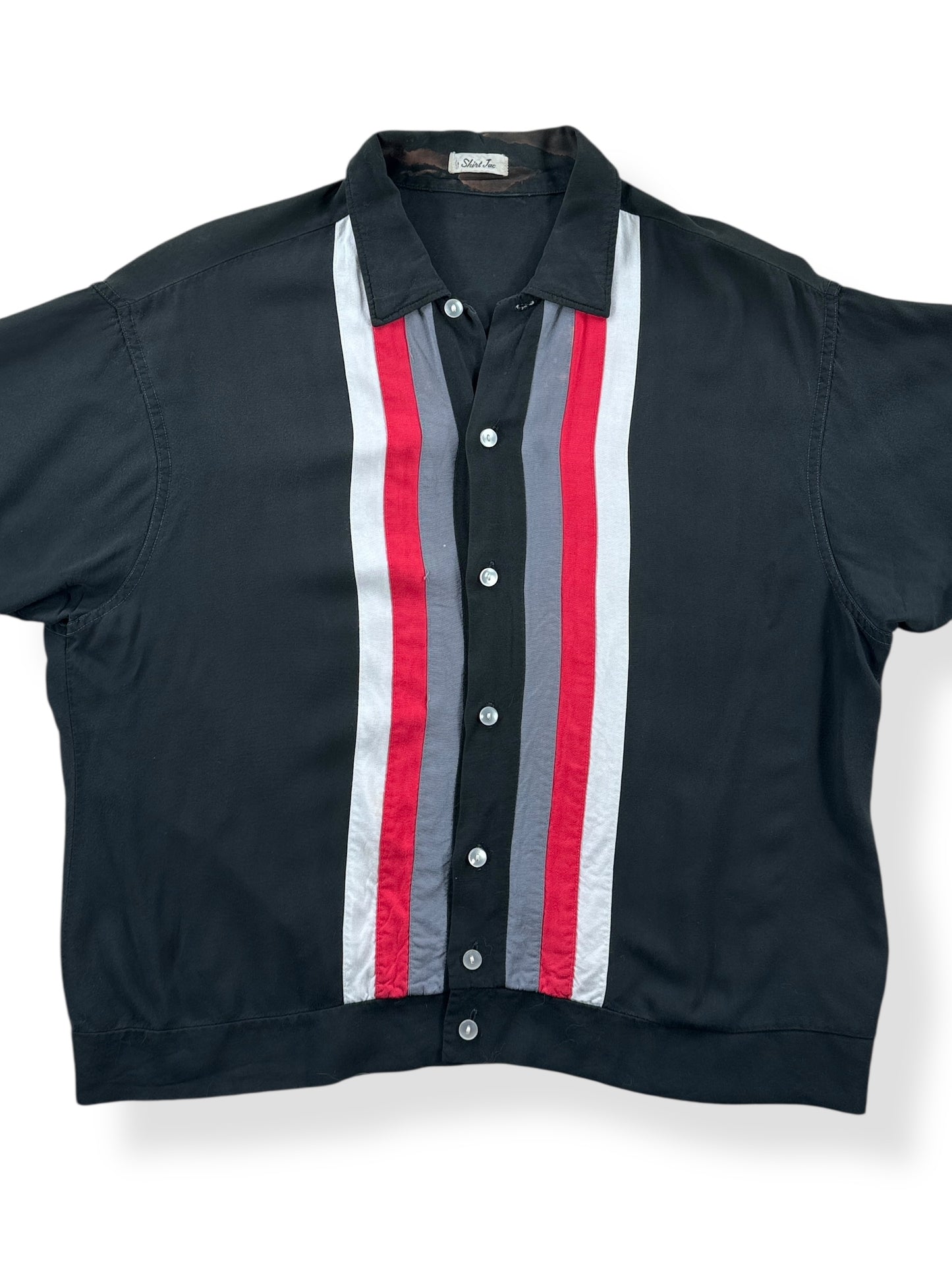Front Close Up of Vintage Black Rayon Racing Stripe Shirt SZ M