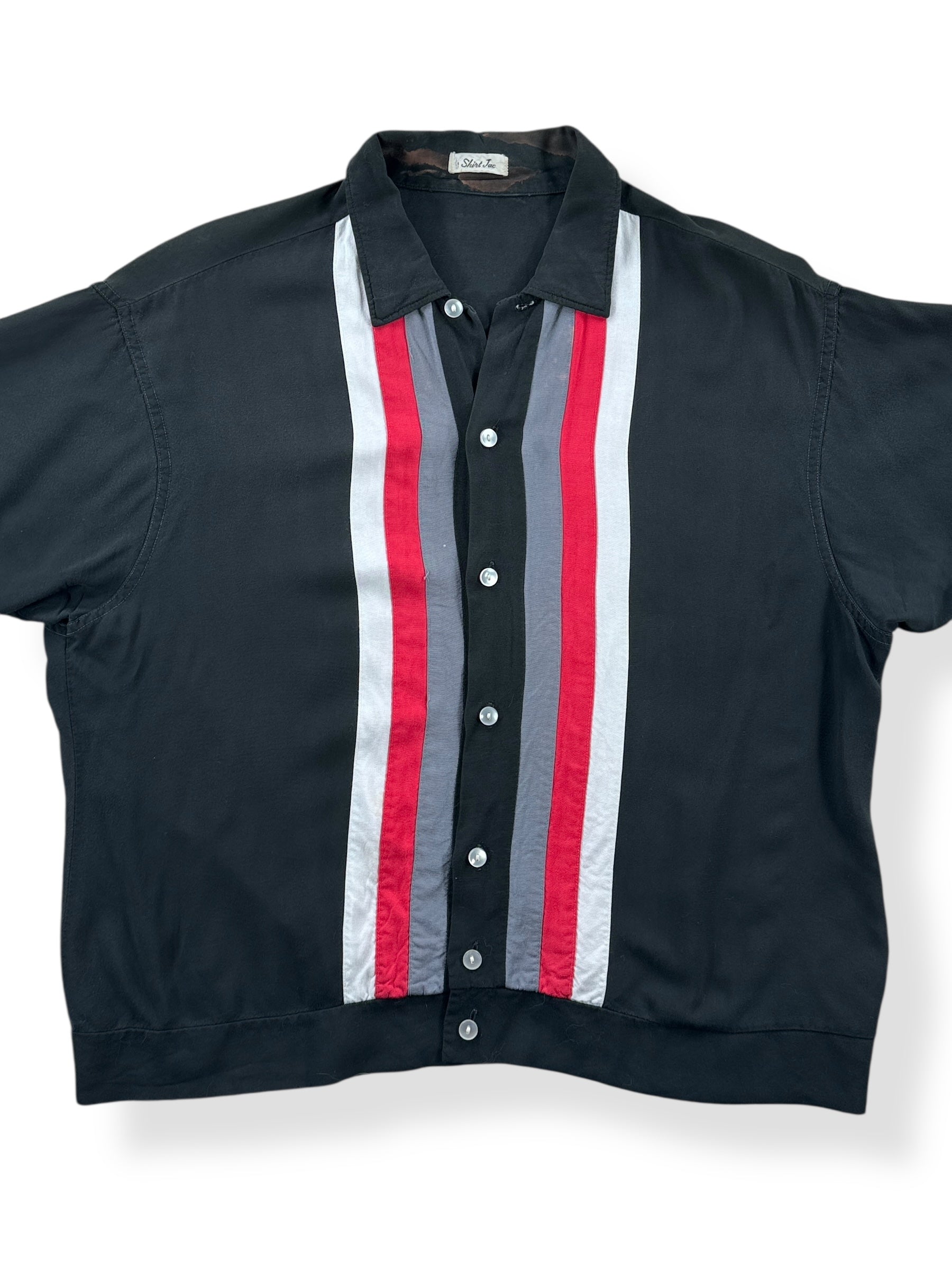Front Close Up of Vintage Black Rayon Racing Stripe Shirt SZ M