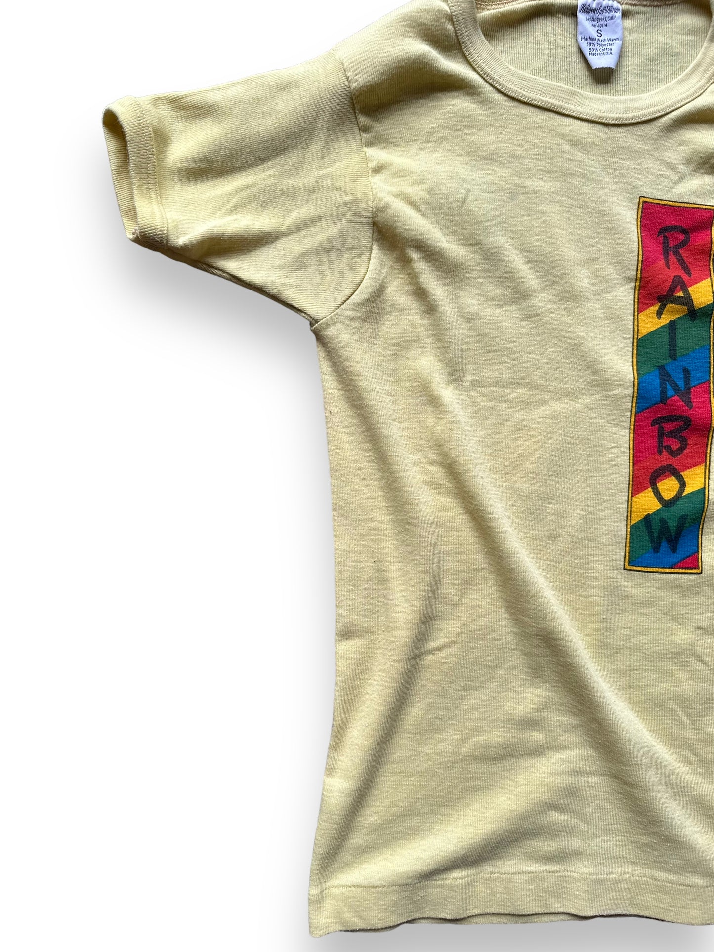 Front Right View of Vintage Rainbow Bar & Grill Shirt Size S | Vintage Metal Rock Bar Tee | Barn Owl Vintage Seattle
