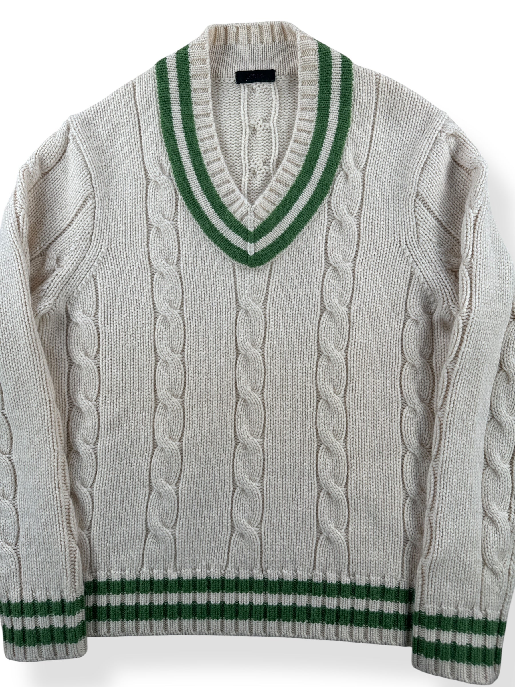 Front Close Up of Vintage J Crew Cream Cashmere Cable Knit Sweater SZ M