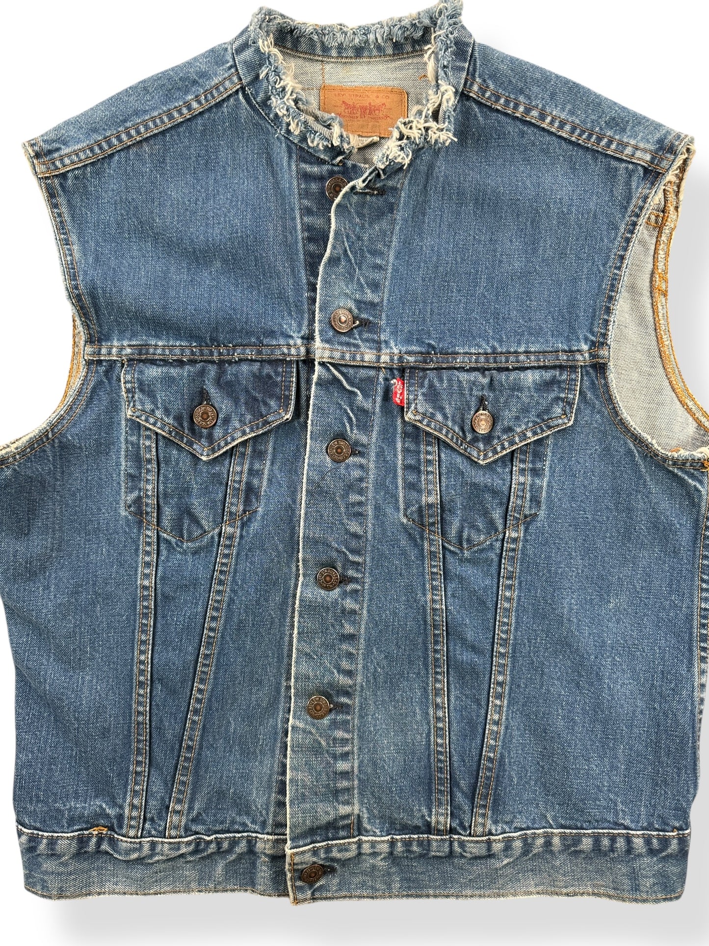 Front Close Up of Vintage Levis Denim Chopper Vest SZ 44