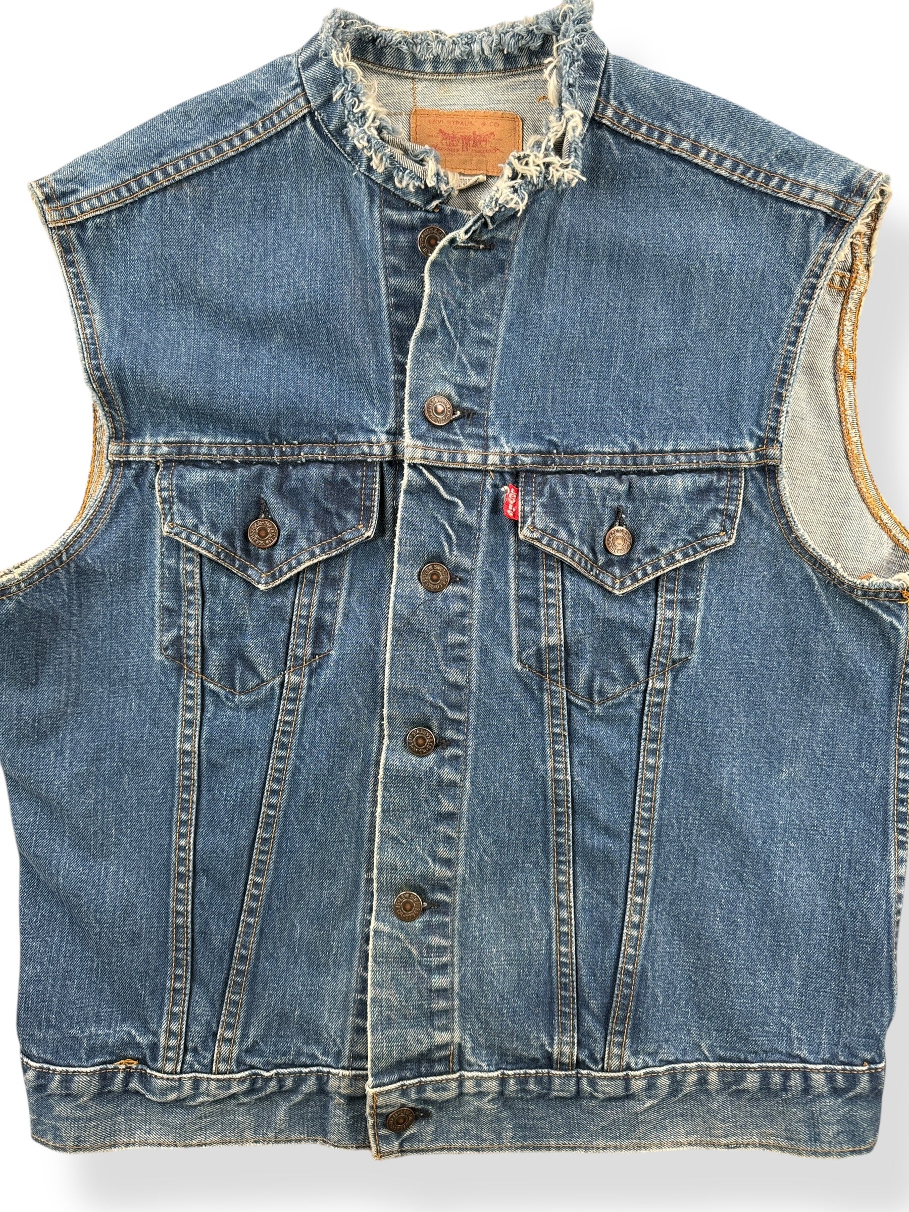 Front Close Up of Vintage Levis Denim Chopper Vest SZ 44