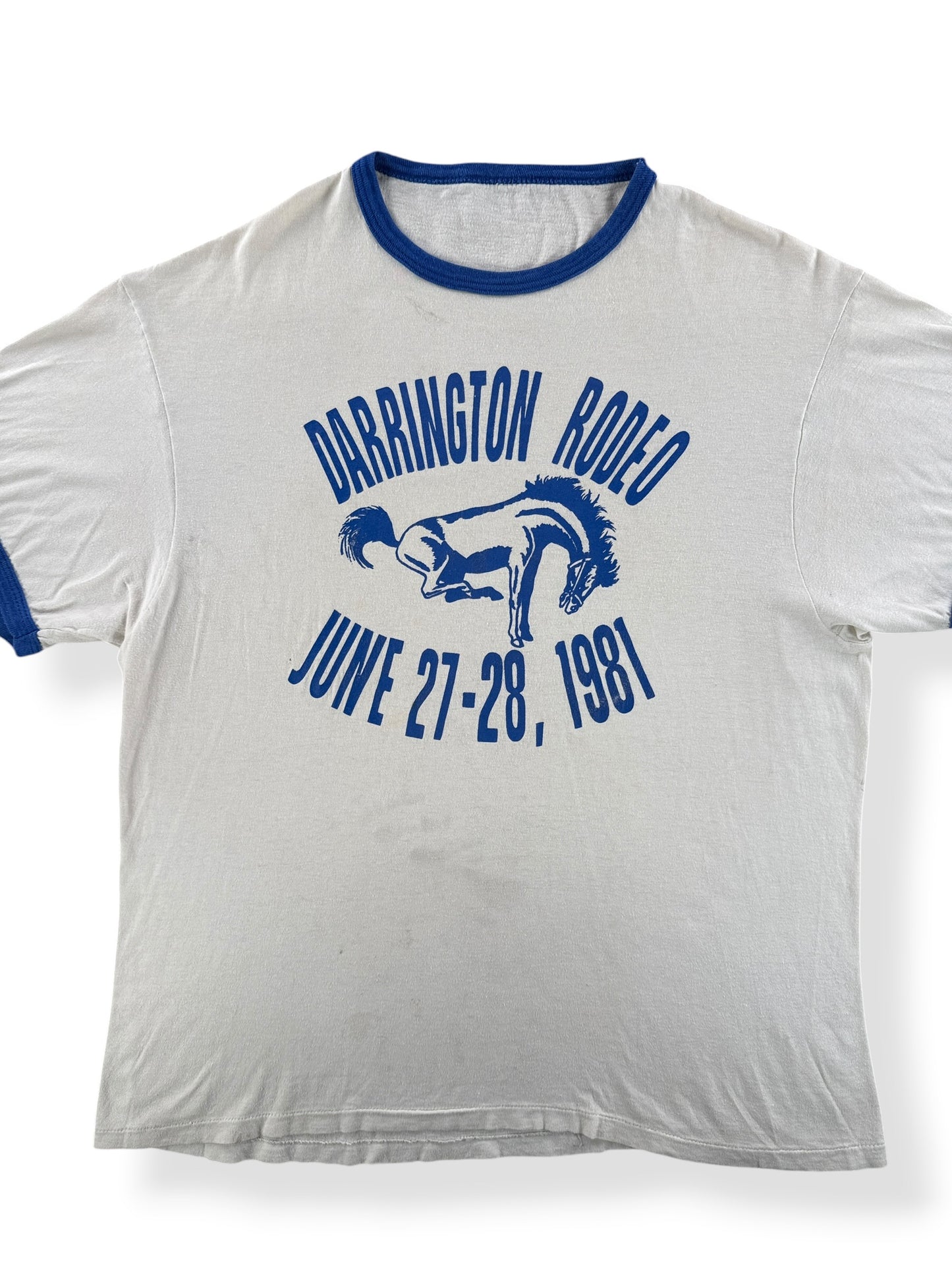 Front Close Up of Vintage Darrington Rodeo Ringer Tee SZ L