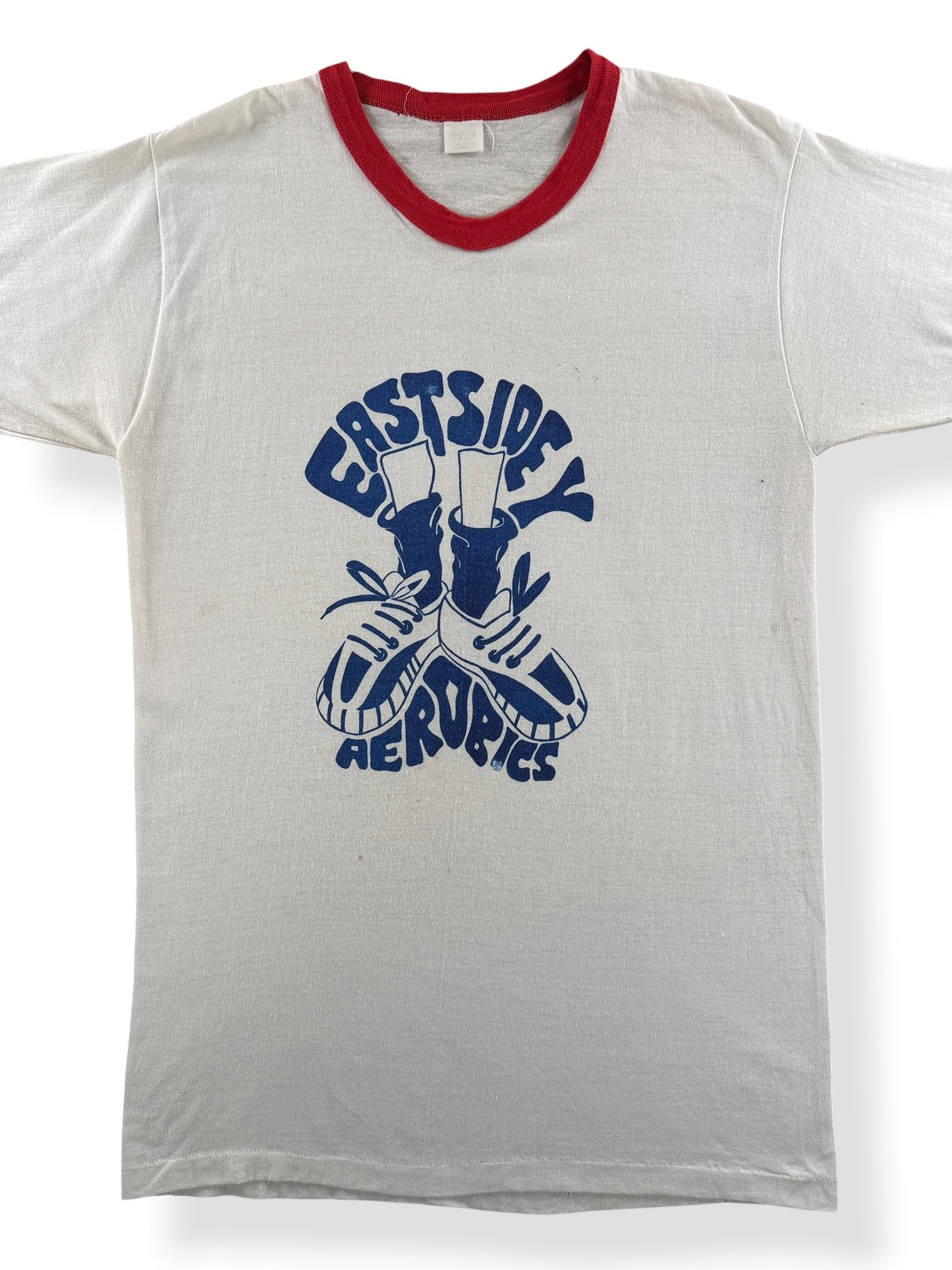 Front Close Up of Vintage Eastside Aerobics Ringer Tee SZ XL (Fits M)