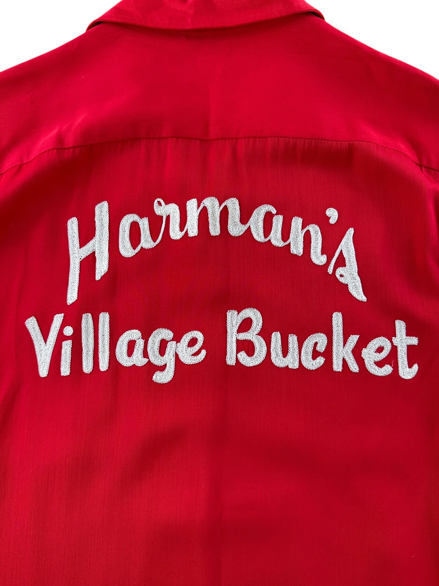 Chainstitched team name on the back of Vintage 1960s KFC Bowling Rayon Shirt SZ L