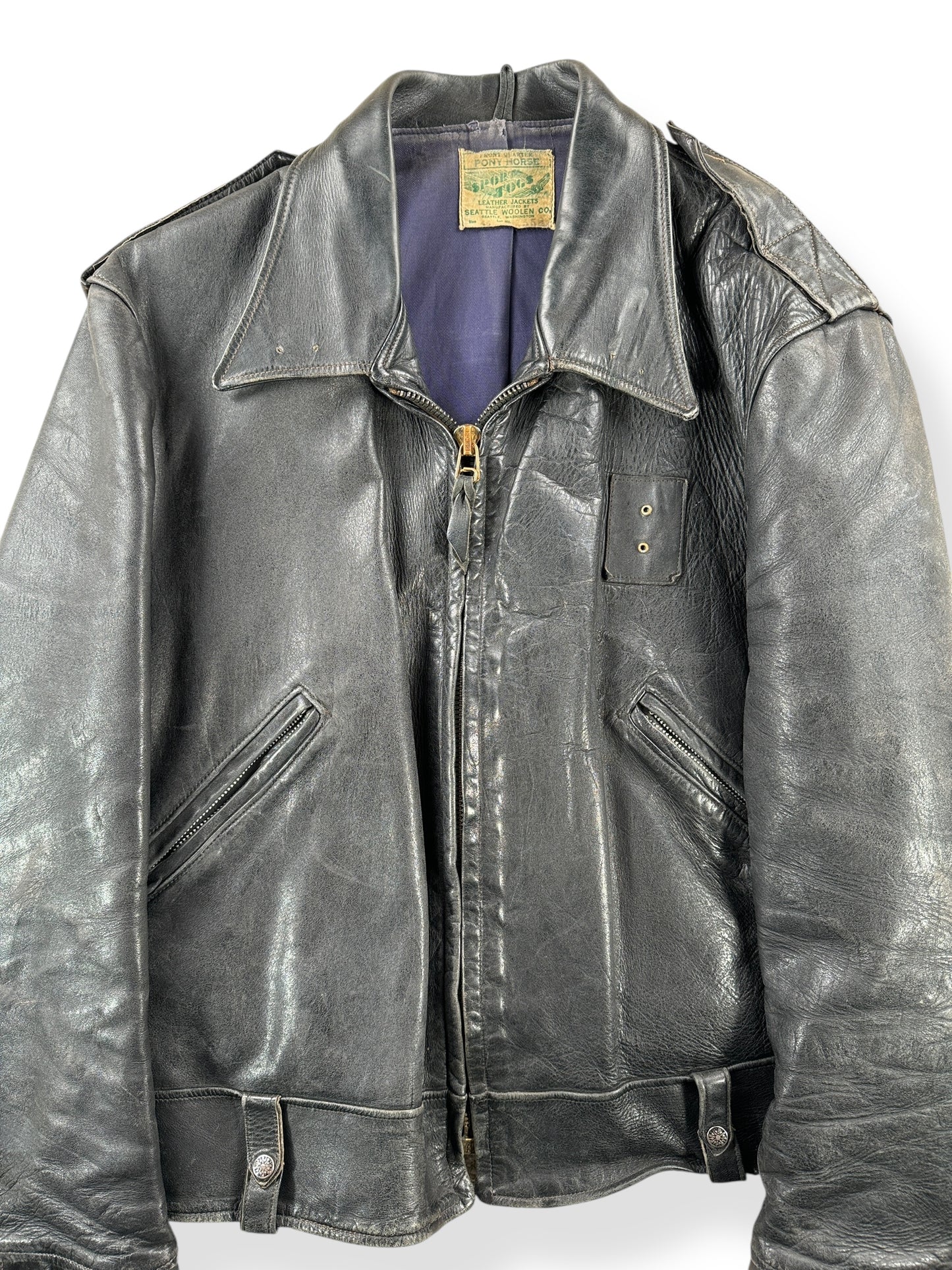 Front Close Up of Vintage Sport Togs Police Leather Jacket SZ 46