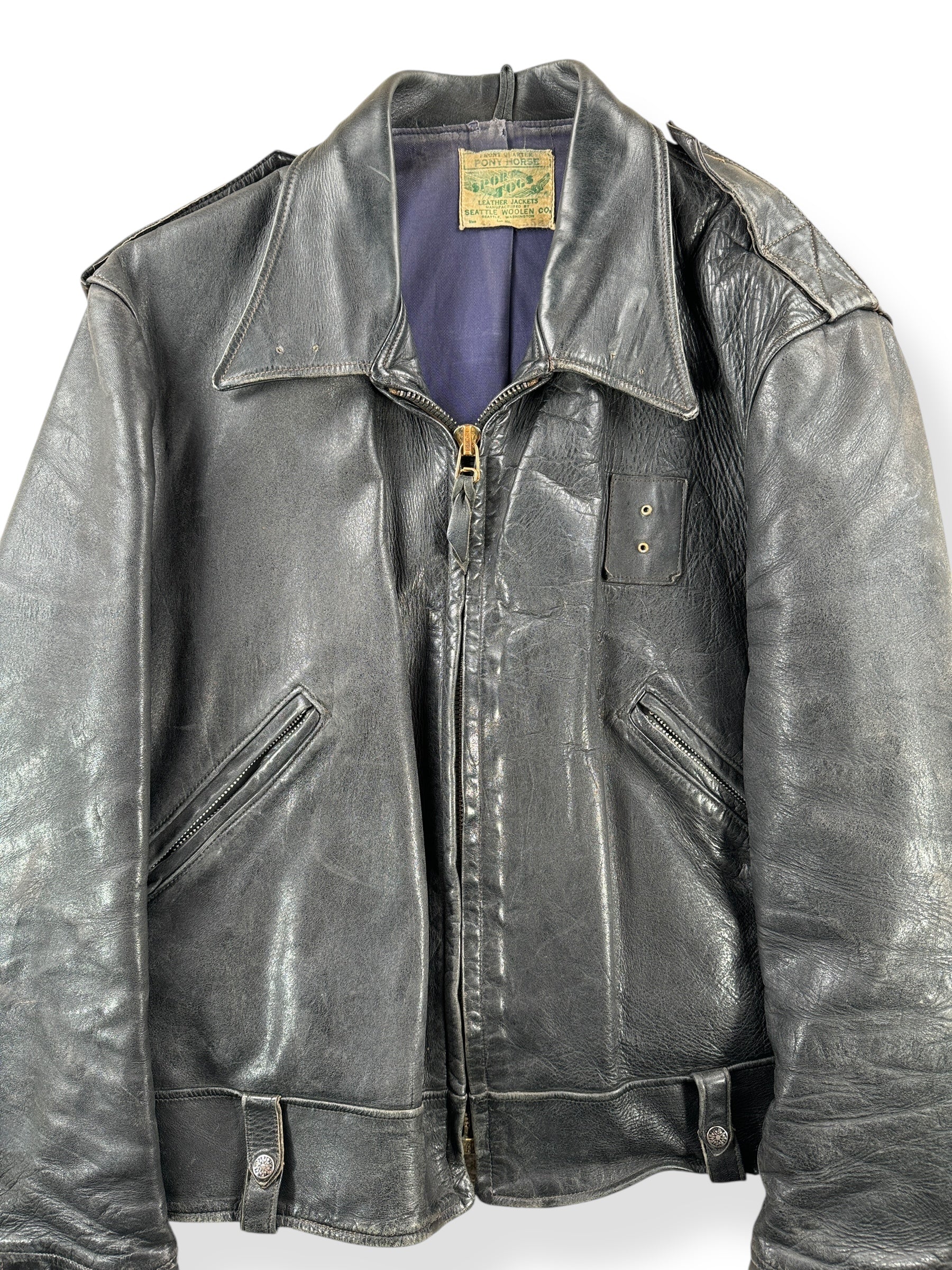 Front Close Up of Vintage Sport Togs Police Leather Jacket SZ 46