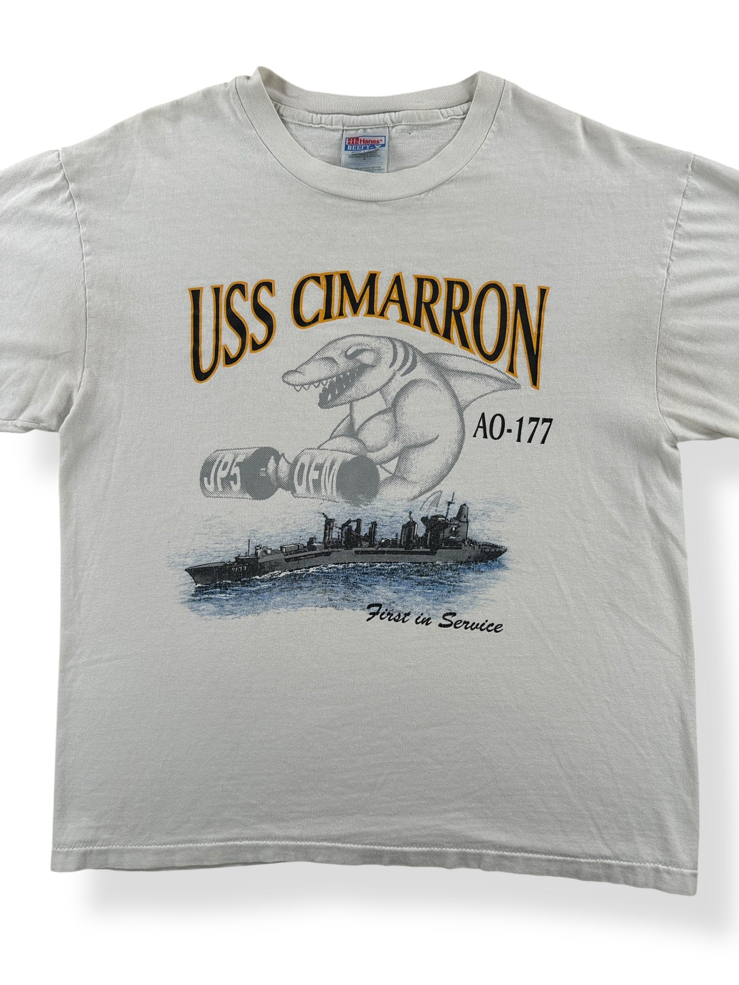 Front Close Up of Vintage Badass Shark Naval Tee SZ L
