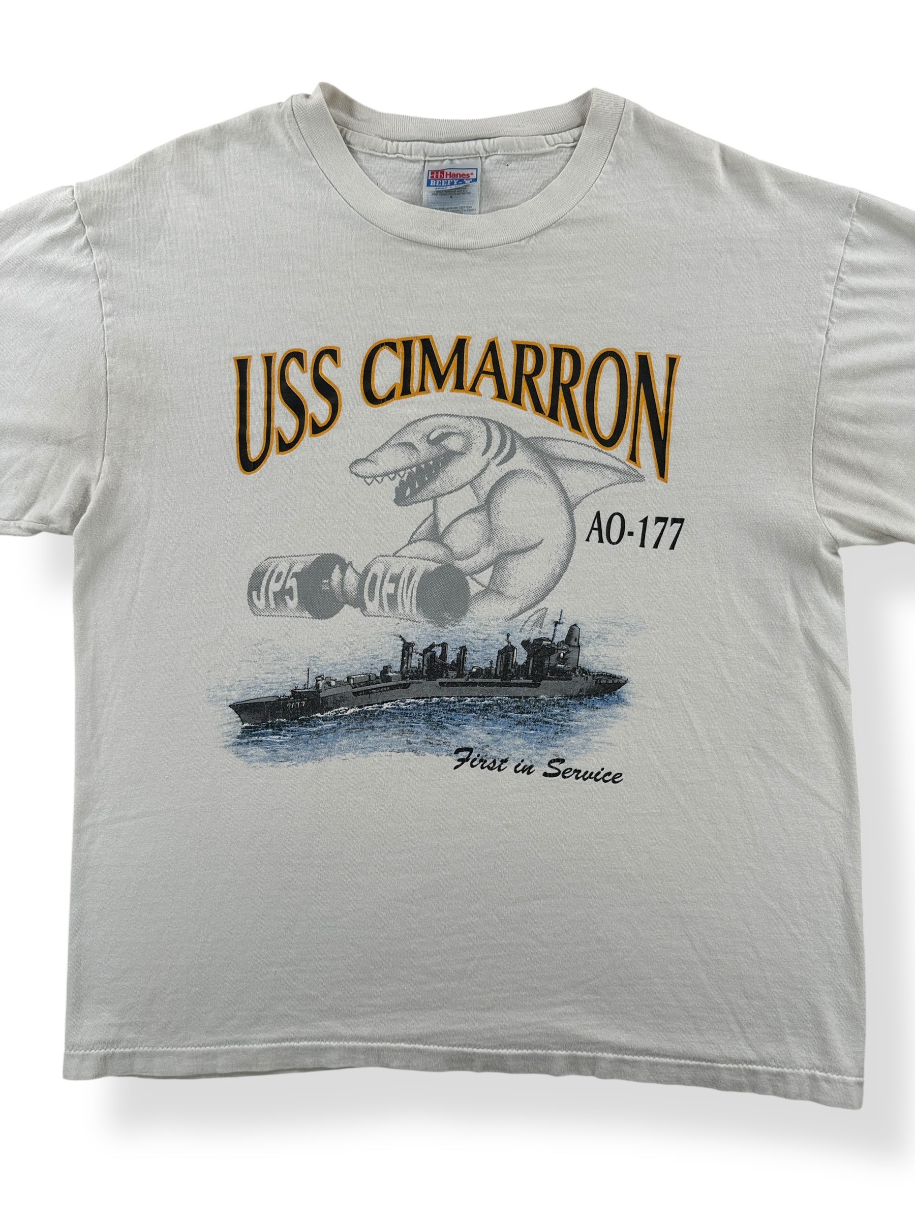 Front Close Up of Vintage Badass Shark Naval Tee SZ L